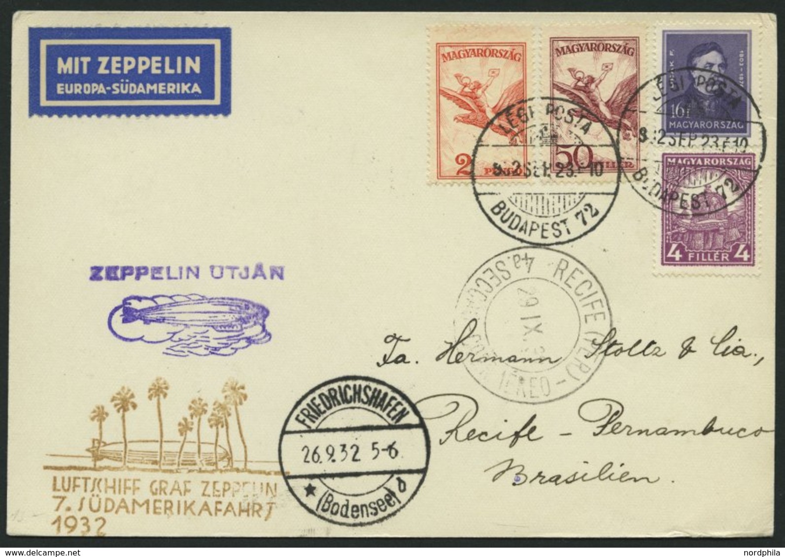 ZULEITUNGSPOST 183 BRIEF, Ungarn: 1932, 7. Südamerikafahrt, Prachtkarte - Zeppelins