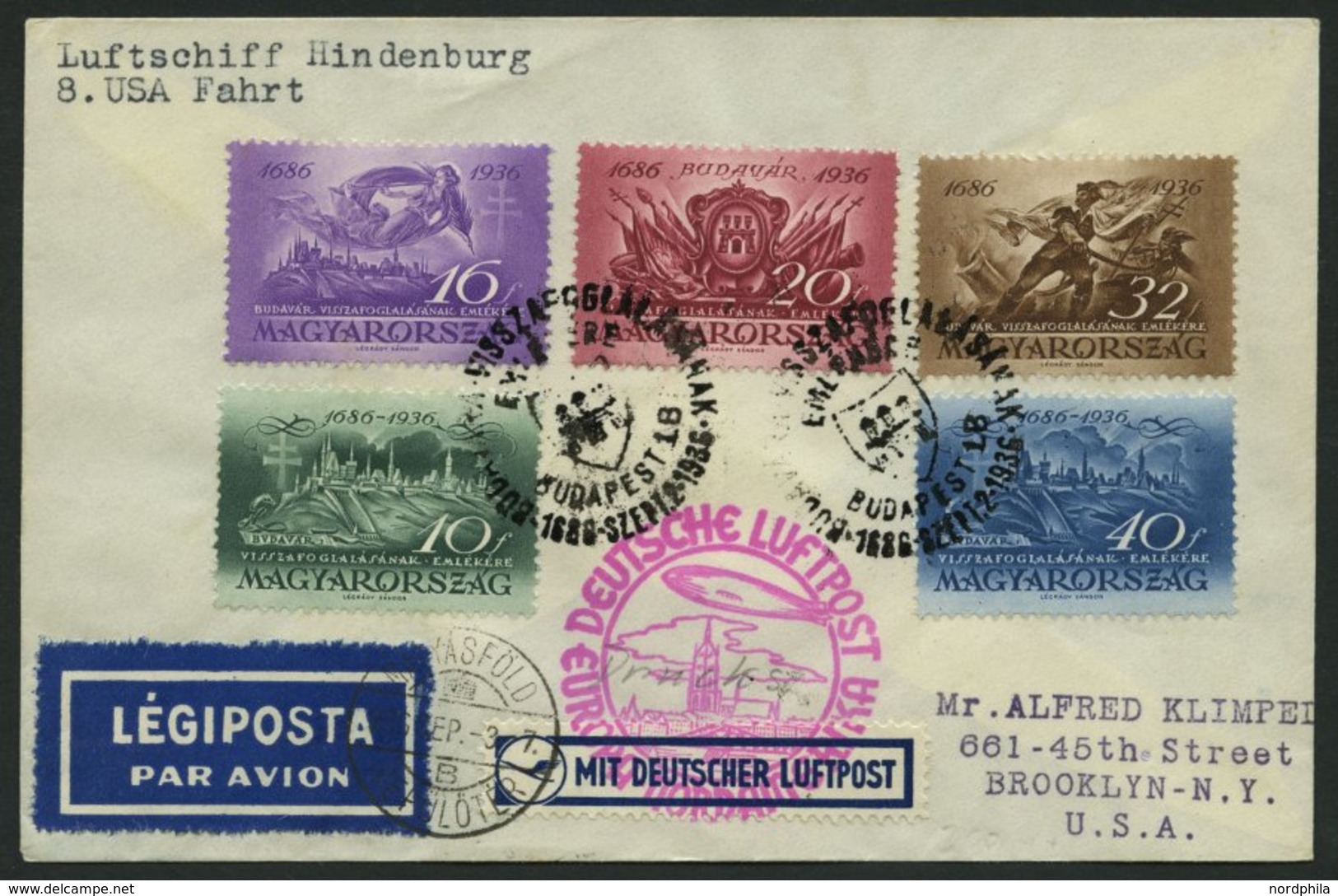 ZULEITUNGSPOST 437 BRIEF, Ungarn: 1936, 8. Nordamerikafahrt, Prachtbrief - Zeppelines