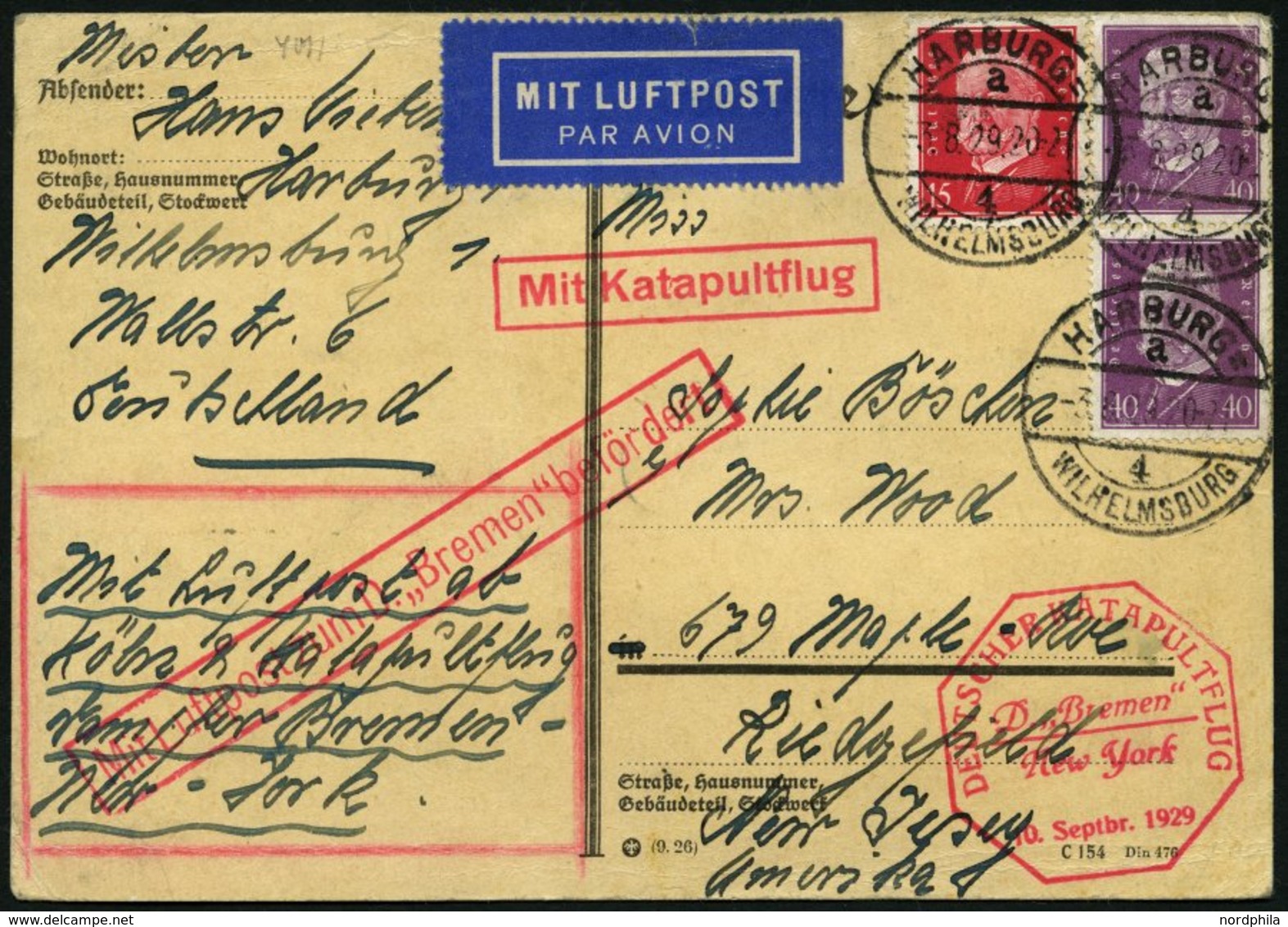 KATAPULTPOST 5c BRIEF, 9.9.1929, &quot,Bremen&quot, - Bremen, Nachbringe- Und Katapultflug, Karte Feinst - Brieven En Documenten