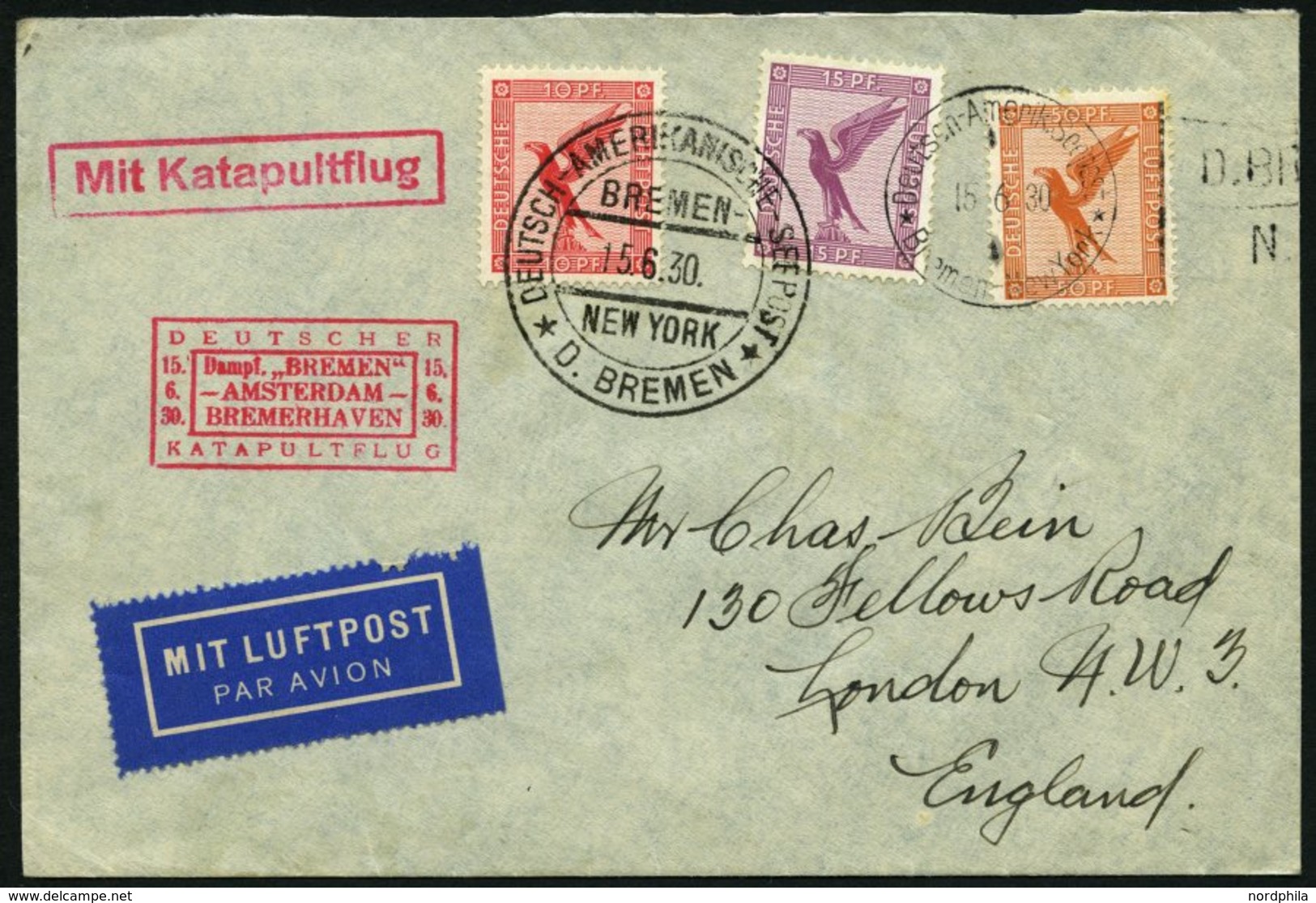 KATAPULTPOST 15c BRIEF, 16.6.1930, &quot,Bremen&quot, - Bremerhaven, Deutsche Seepostaufgabe, Prachtbrief - Storia Postale