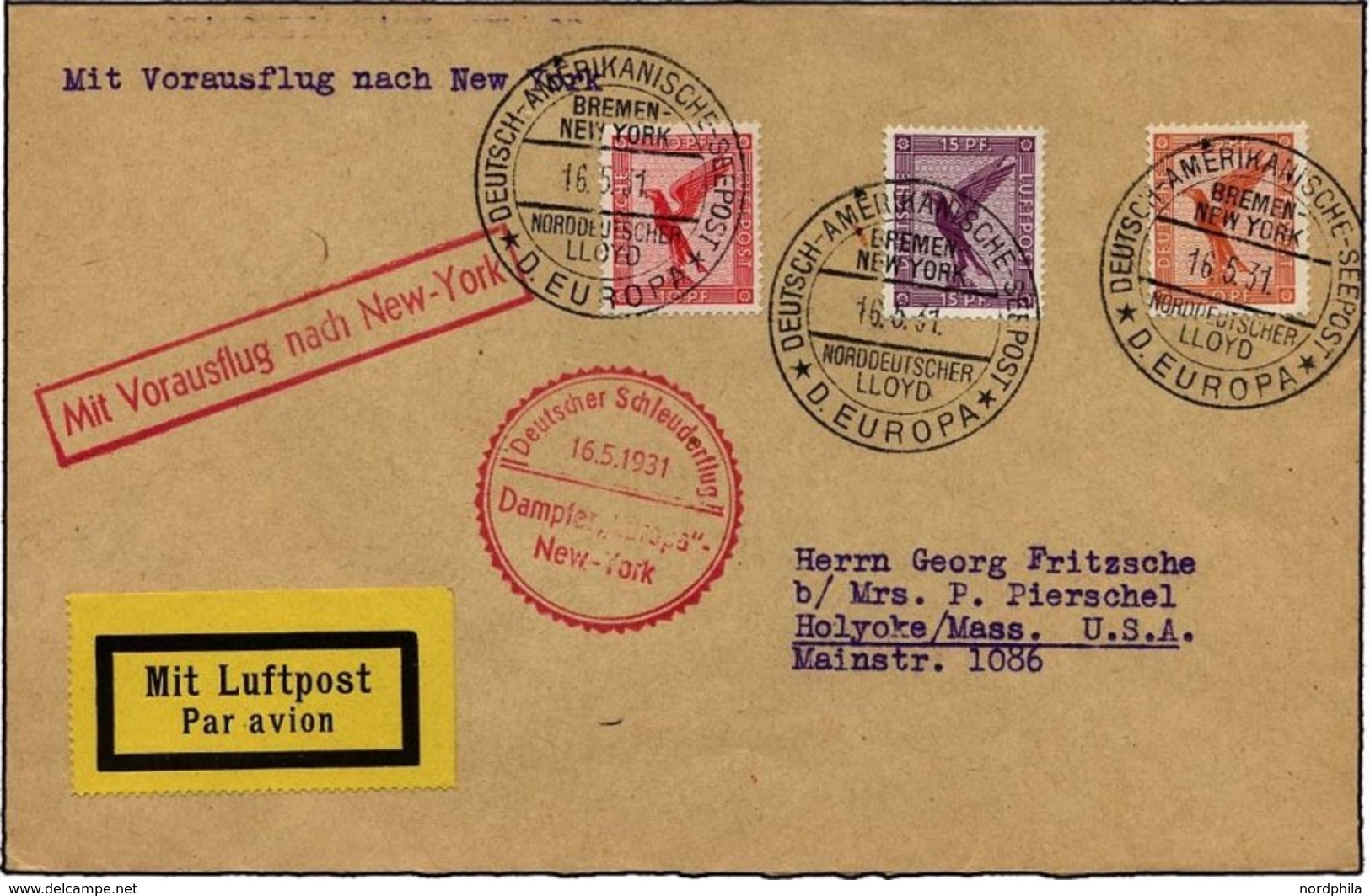 KATAPULTPOST 41b BRIEF, 16.5.1931, Europa - New York, Seepostaufgabe, Prachtbrief - Lettres & Documents