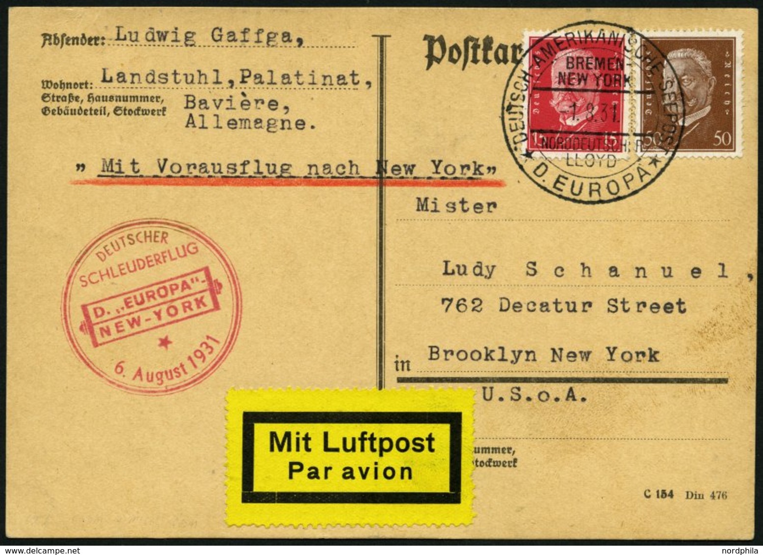 KATAPULTPOST 62b BRIEF, 5.8.1931, &quot,Europa&quot, - New York, Seepostaufgabe, Prachtkarte - Covers & Documents