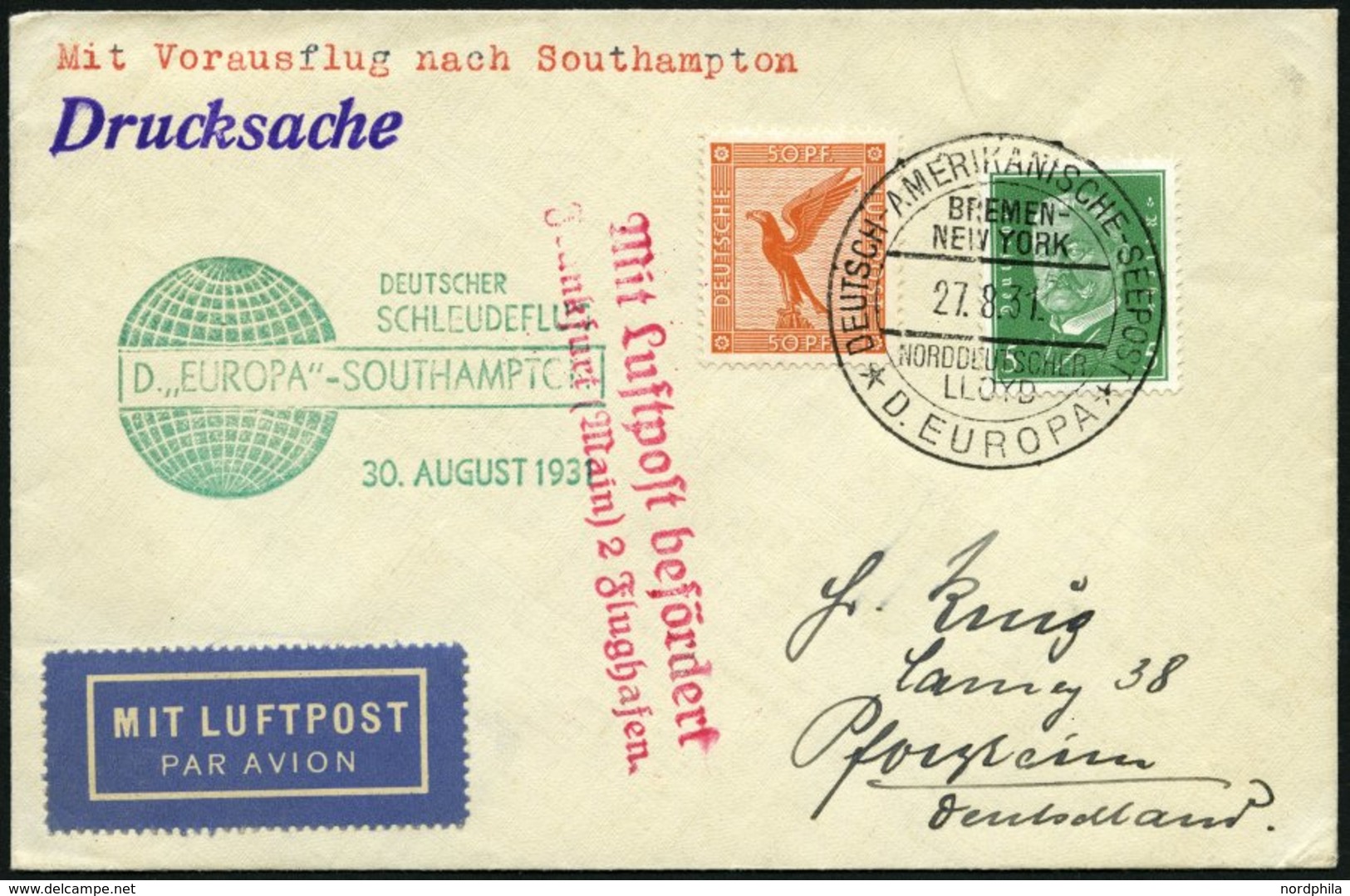 KATAPULTPOST 67c BRIEF, 30.8.1931, Europa - Southampton, Deutsche Seepostaufgabe, Drucksache, Prachtbrief - Brieven En Documenten