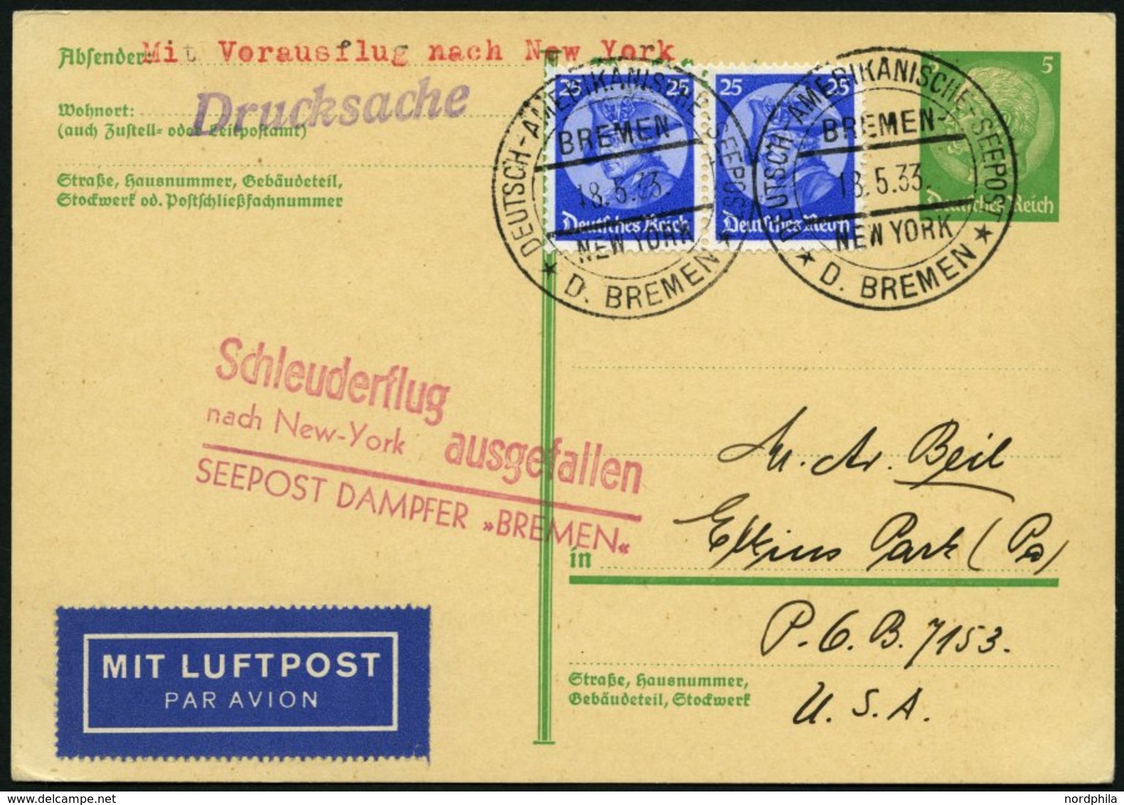 KATAPULTPOST 114b BRIEF, 13.5.1933, Bremen - Flug Ausgefallen, Seepostaufgabe, Auf 5 Pf. Hindenburg - Ganzsachenkarte Mi - Briefe U. Dokumente