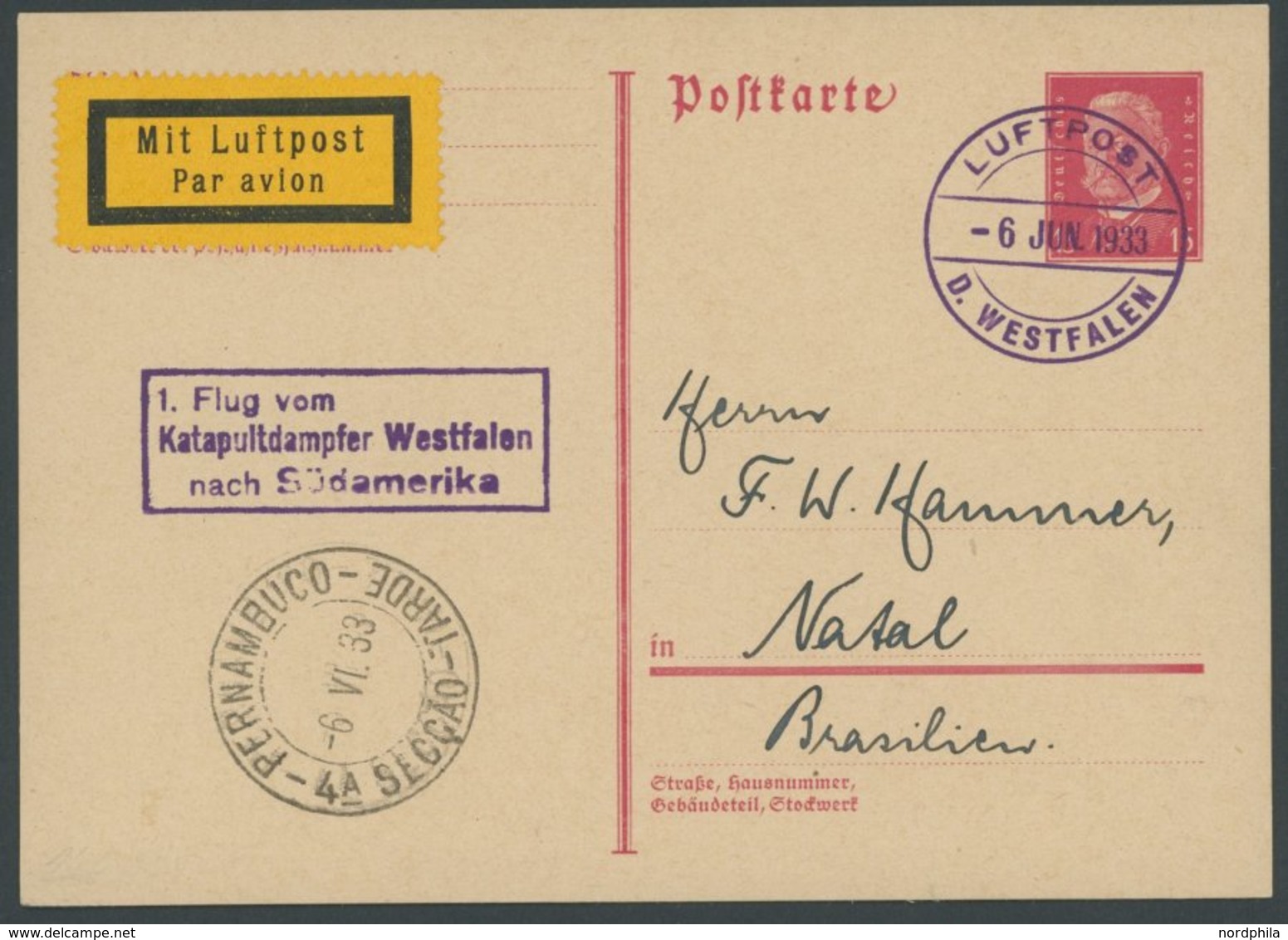 KATAPULTPOST Brief , 6.6.1933, 1. Flug Vom Katapultdampfer Westfalen Nach Südamerika, Mit Allen Stempeln, Prachtkarte - Covers & Documents