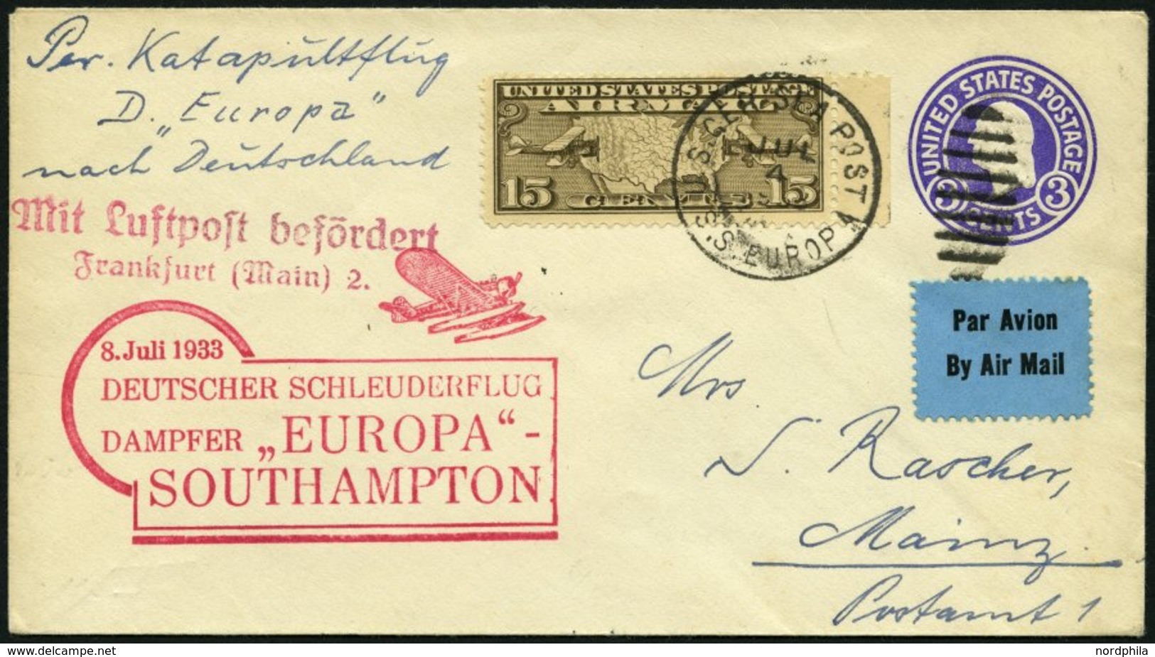 KATAPULTPOST 126b BRIEF, 8.7.1933, &quot,Europa&quot, - Southampton, US-Seepostaufgabe, Auf Ganzsachenumschlag Mit Zusat - Covers & Documents