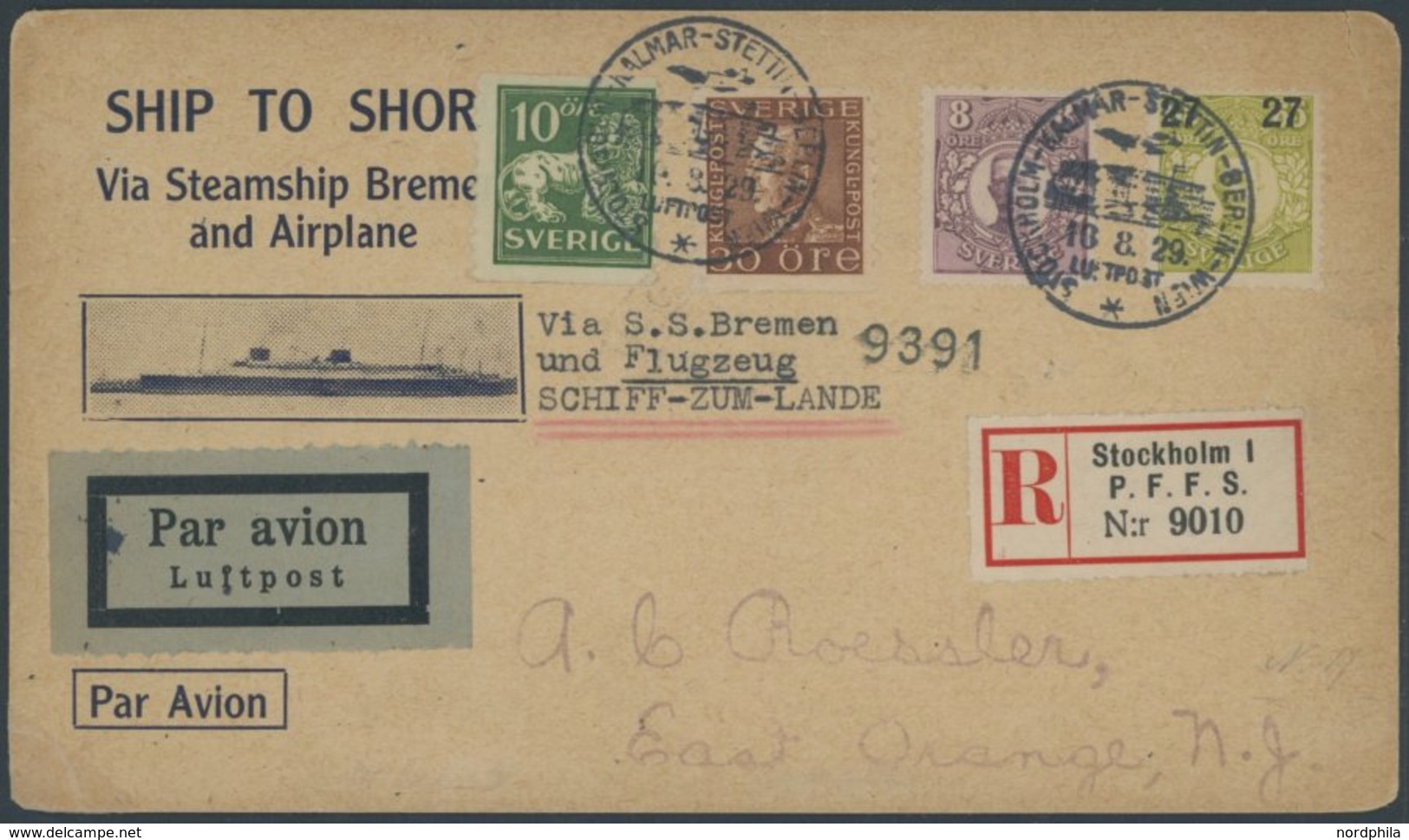 KATAPULTPOST 139 BRIEF, Schweden: 29.8.1933, Einschreib-Sonderkarte Via Steamship Bremen And Airplane Und Leitvermerk S. - Brieven En Documenten