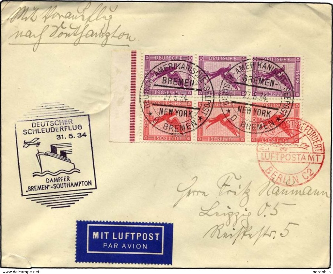 KATAPULTPOST 155c BRIEF, 31.5.1934, Bremen - Southampton, Deutsche Seepostaufgabe, Frankiert Mit 3x W 22, Brief Feinst - Storia Postale