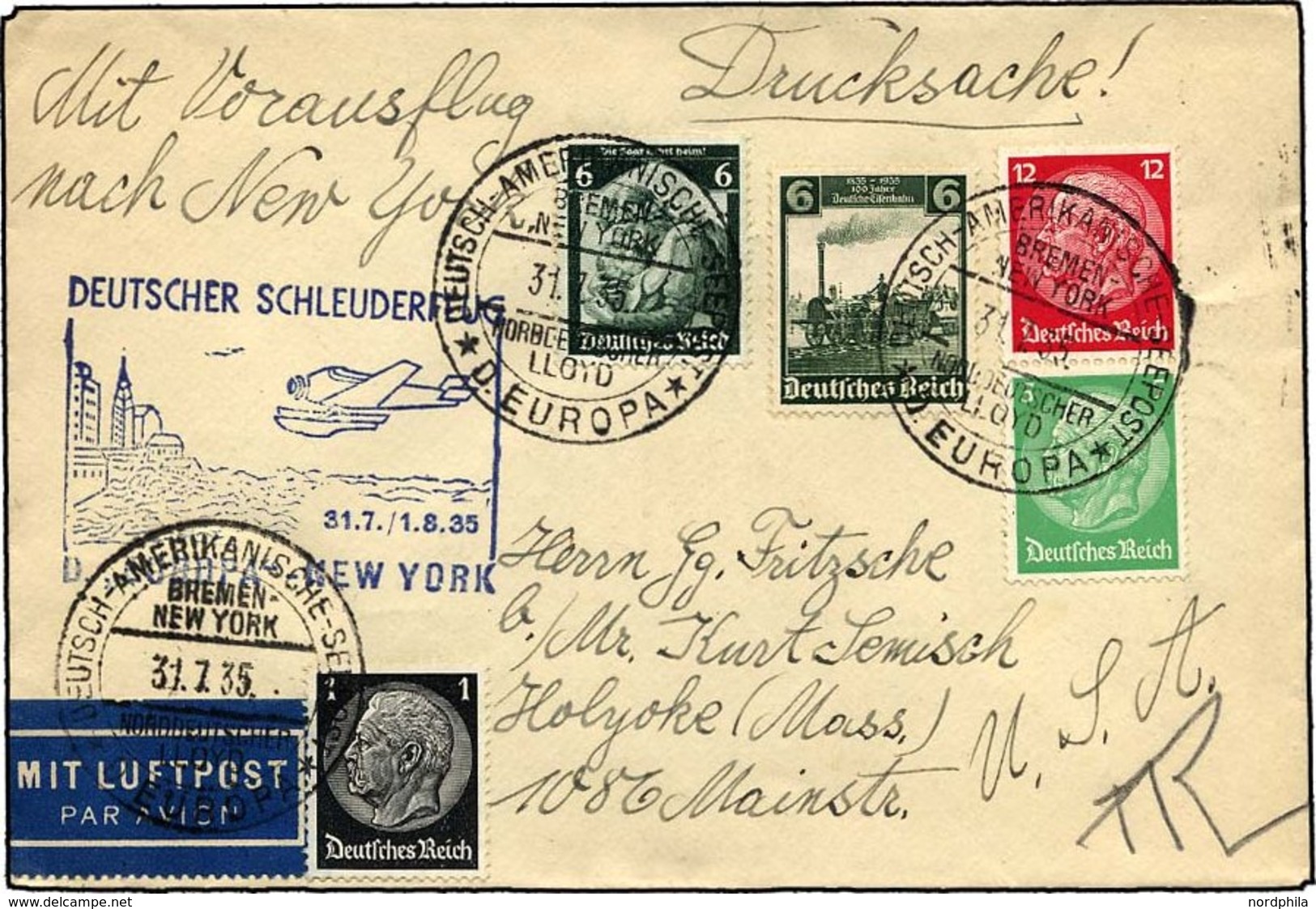 KATAPULTPOST 203b BRIEF, 31.7.1935, Europa - New York, Seepostaufgabe, Frankiert U.a. Mit S 108, Drucksache, Pracht - Brieven En Documenten