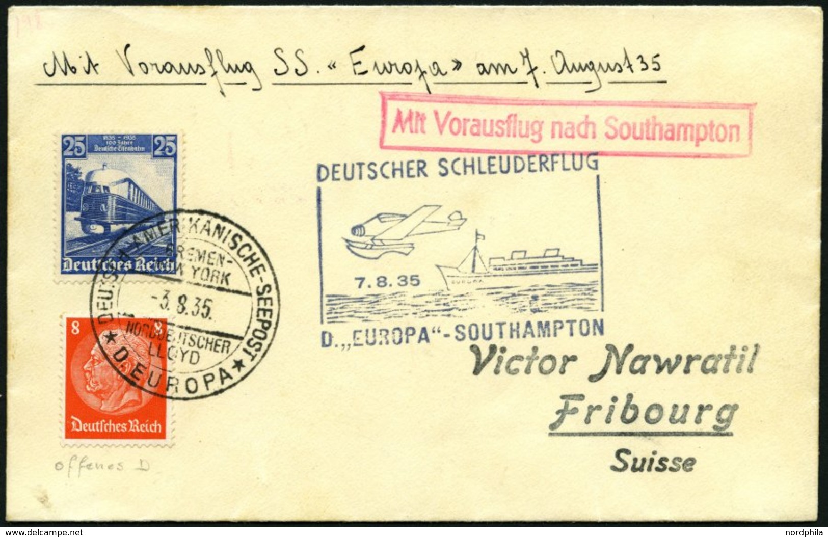 KATAPULTPOST 204c BRIEF, 7.8.1935, Europa - Southampton, Deutsche Seepostaufgabe, Prachtbrief - Brieven En Documenten
