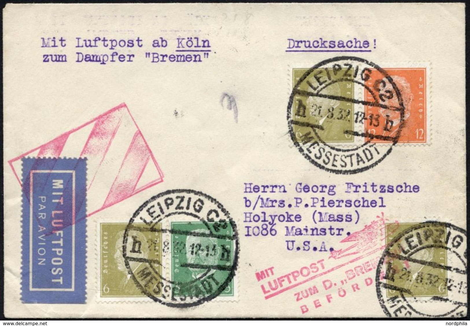 KATAPULTPOST 21.8.1932, Mit Luftpost Zum Dampfer Bremen Befördert, Luftpostdrucksache Von Leipzig In Die USA, Pracht - Storia Postale