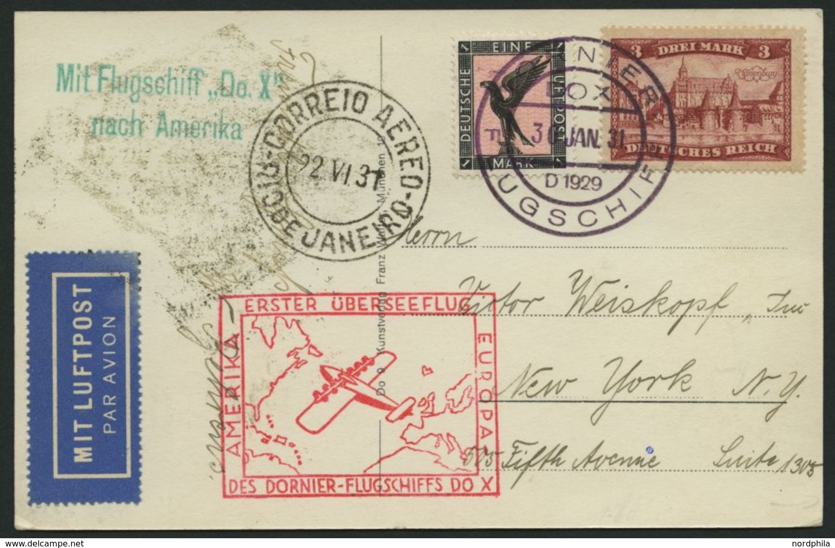 DO-X LUFTPOST 24.c. BRIEF, 30.01.1931, Bordpostaufgabe, Via Rio Nach Nordamerika, Prachtkarte - Covers & Documents