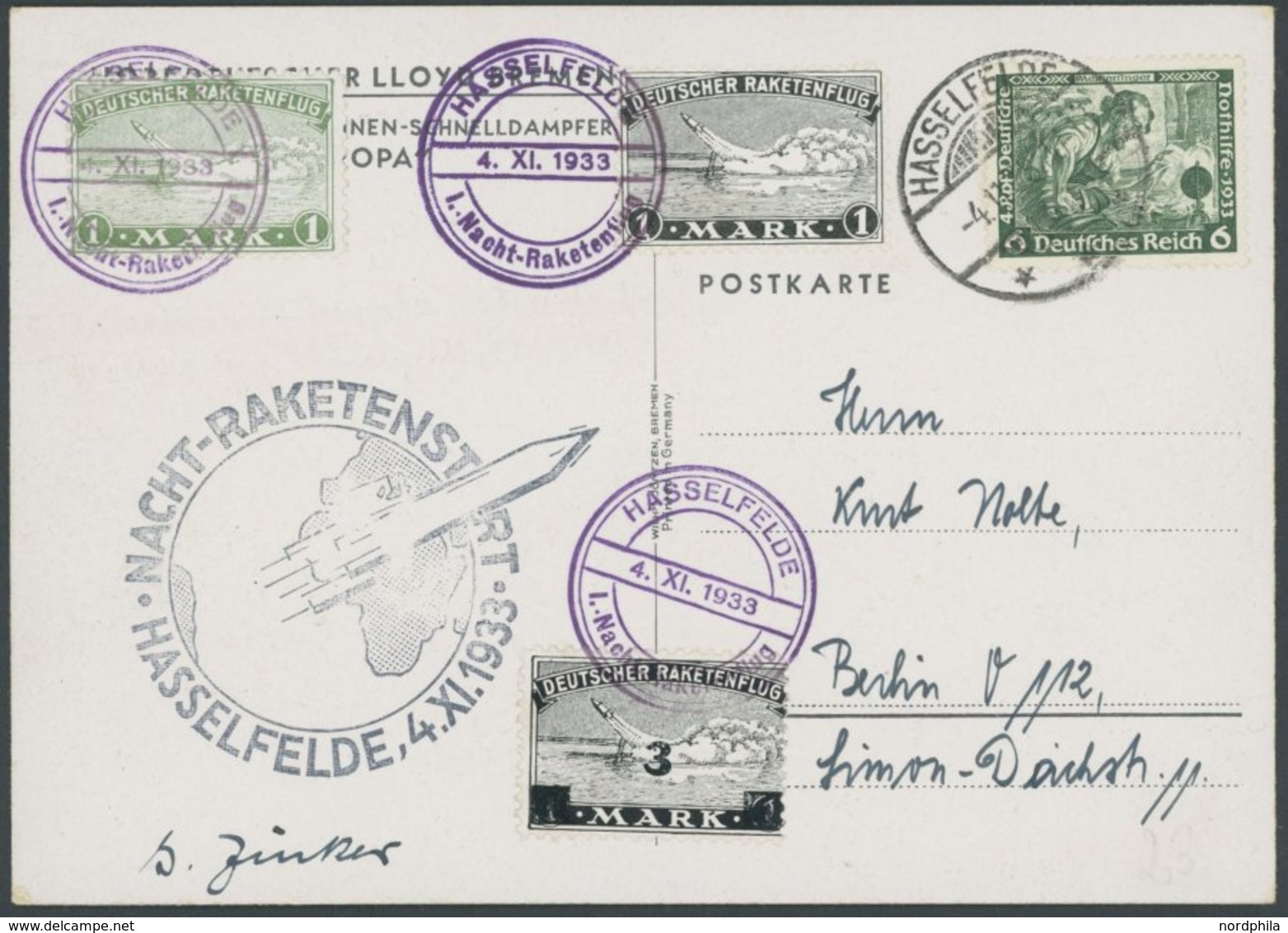 RAKETENPOST 3C1a BRIEF, 4.11.1933, Raketen-Nachtflug Aus Hasselfelde, Frankiert Mit 3 Raketenmarken (u.a. 3 Mark Auf 1 M - Airmail & Zeppelin