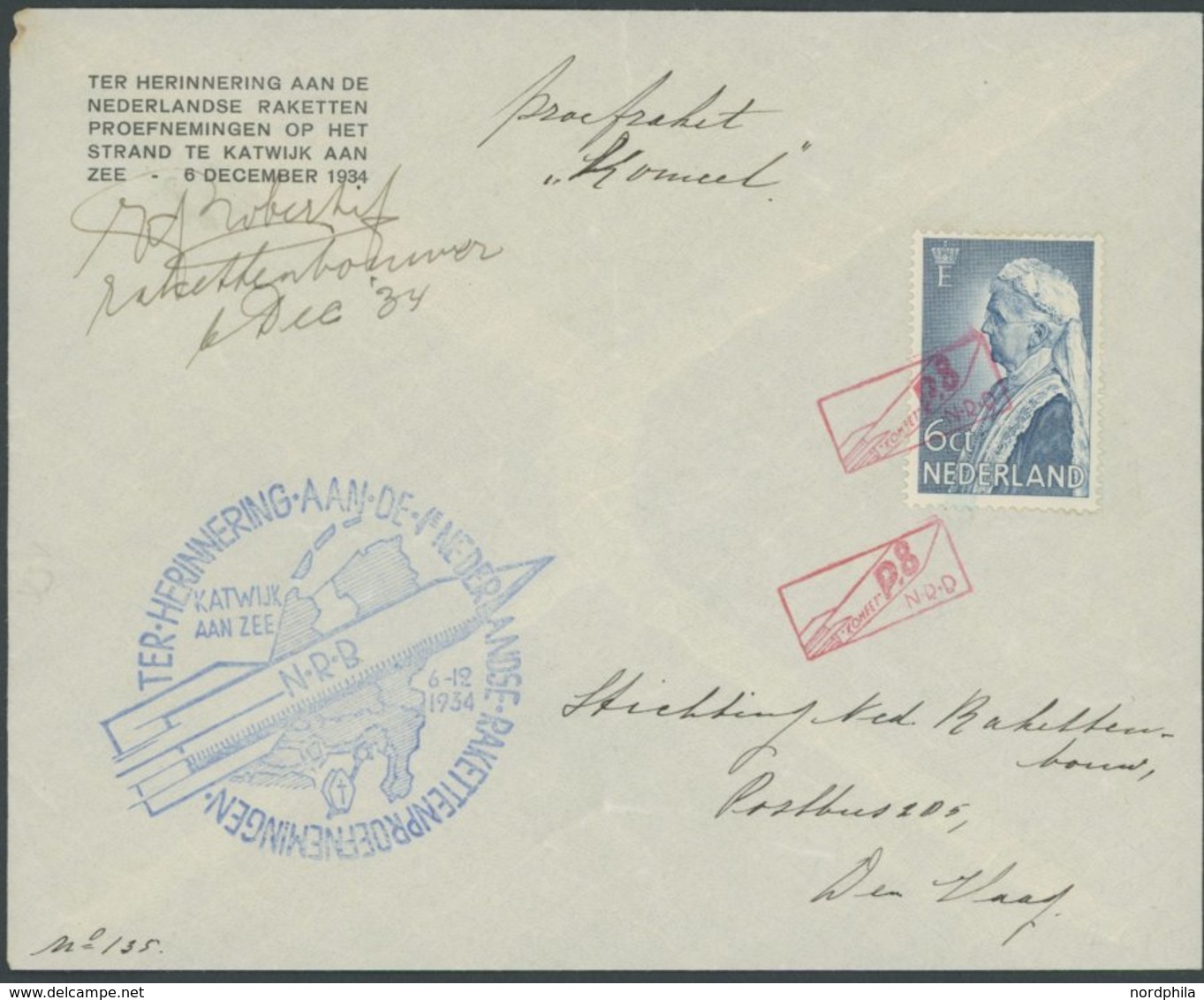 RAKETENPOST Niederlande: 6.12.1934, Komeet-Raketenversuch, Offizieller Umschlag Mit 6 C. Und Roten Flugstempeln P.8, Daz - Correo Aéreo & Zeppelin