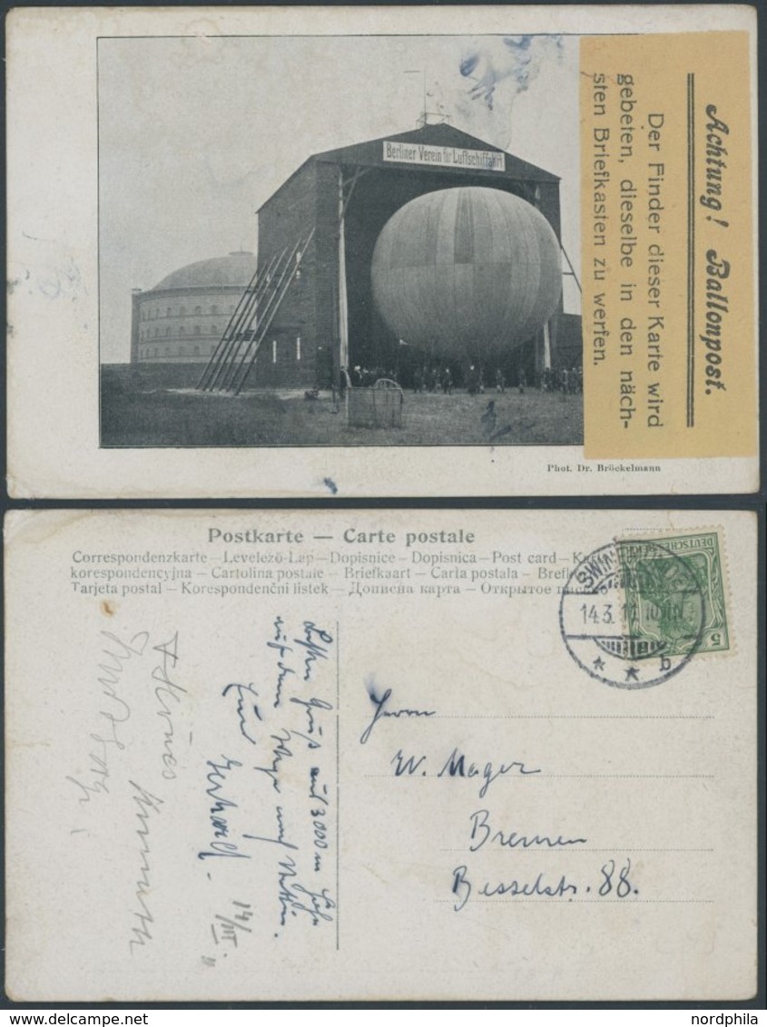 BALLON-FAHRTEN 1897-1916 14.3.1911, Berliner Verein Für Luftschiffahrt, Ansichtskarte Mit 5 Pf. Germania Und Abwurfstemp - Airships