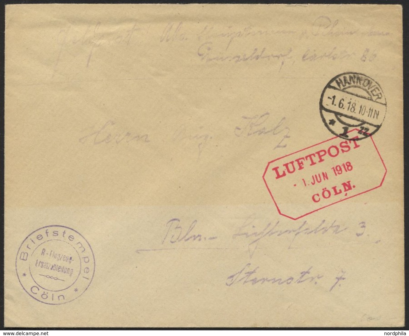LUFTFAHRT IM I. WELTKRIEG 1918, LUFTPOST - 1. JUN 1918 CÖLN, Roter R3 Auf Feldpostbrief Mit Briefstempel R-Flugzeug Ersa - Aerei