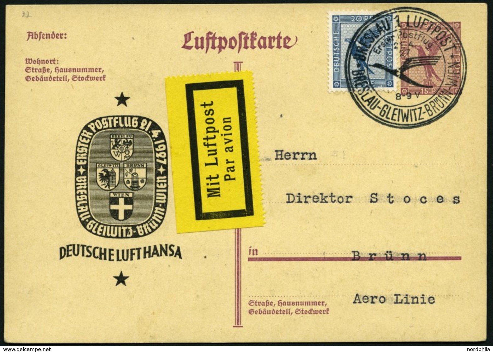 ERST-UND ERÖFFNUNGSFLÜGE 27.17.02 BRIEF, 21.4.1927, Breslau-Brünn Auf LPP 104, Pracht - Zeppelin