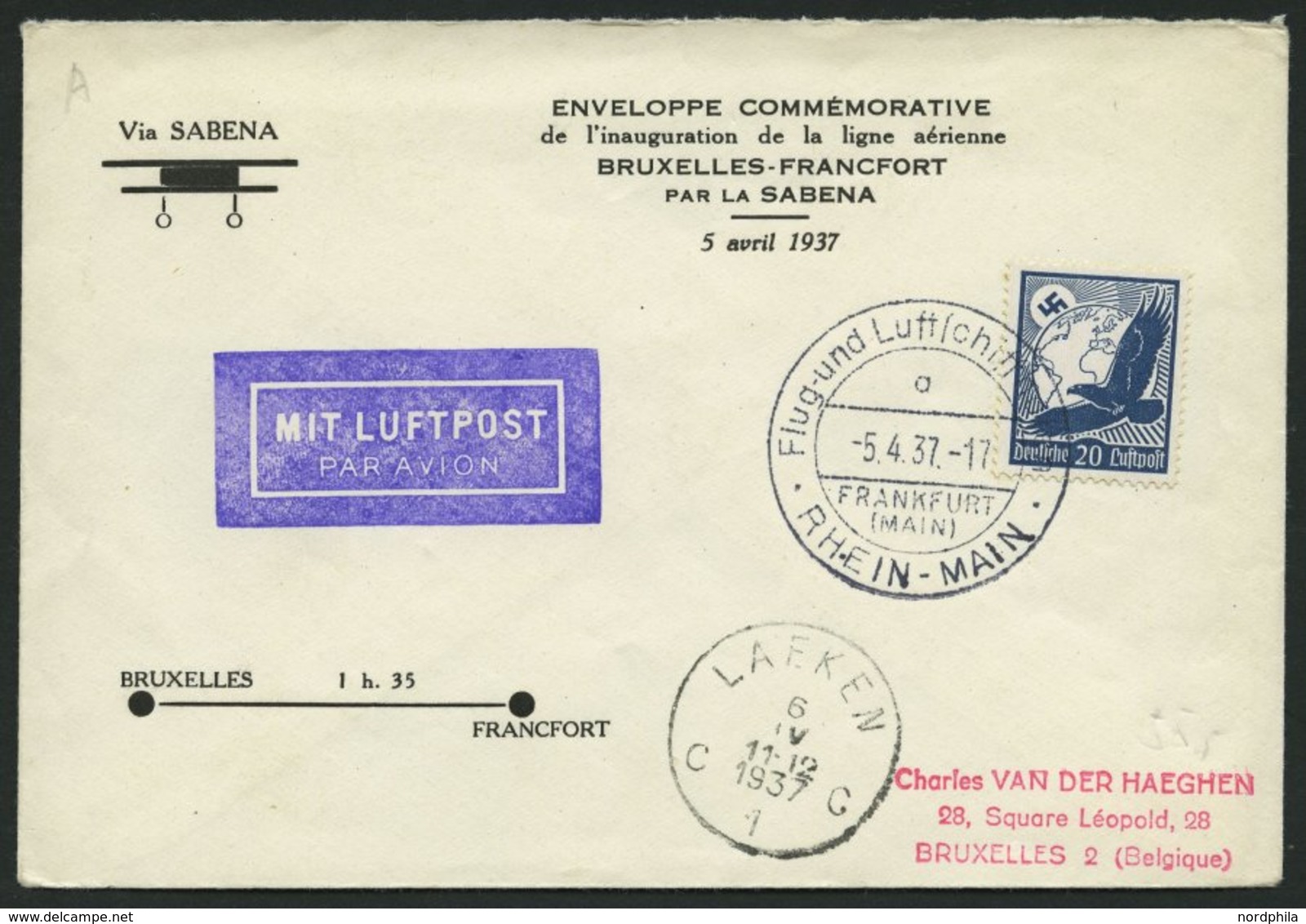 ERST-UND ERÖFFNUNGSFLÜGE 37.5.01 BRIEF, 5.4.1937, Frankfurt/M.-Brüssel, Sonderumschlag, Pracht - Zeppelin