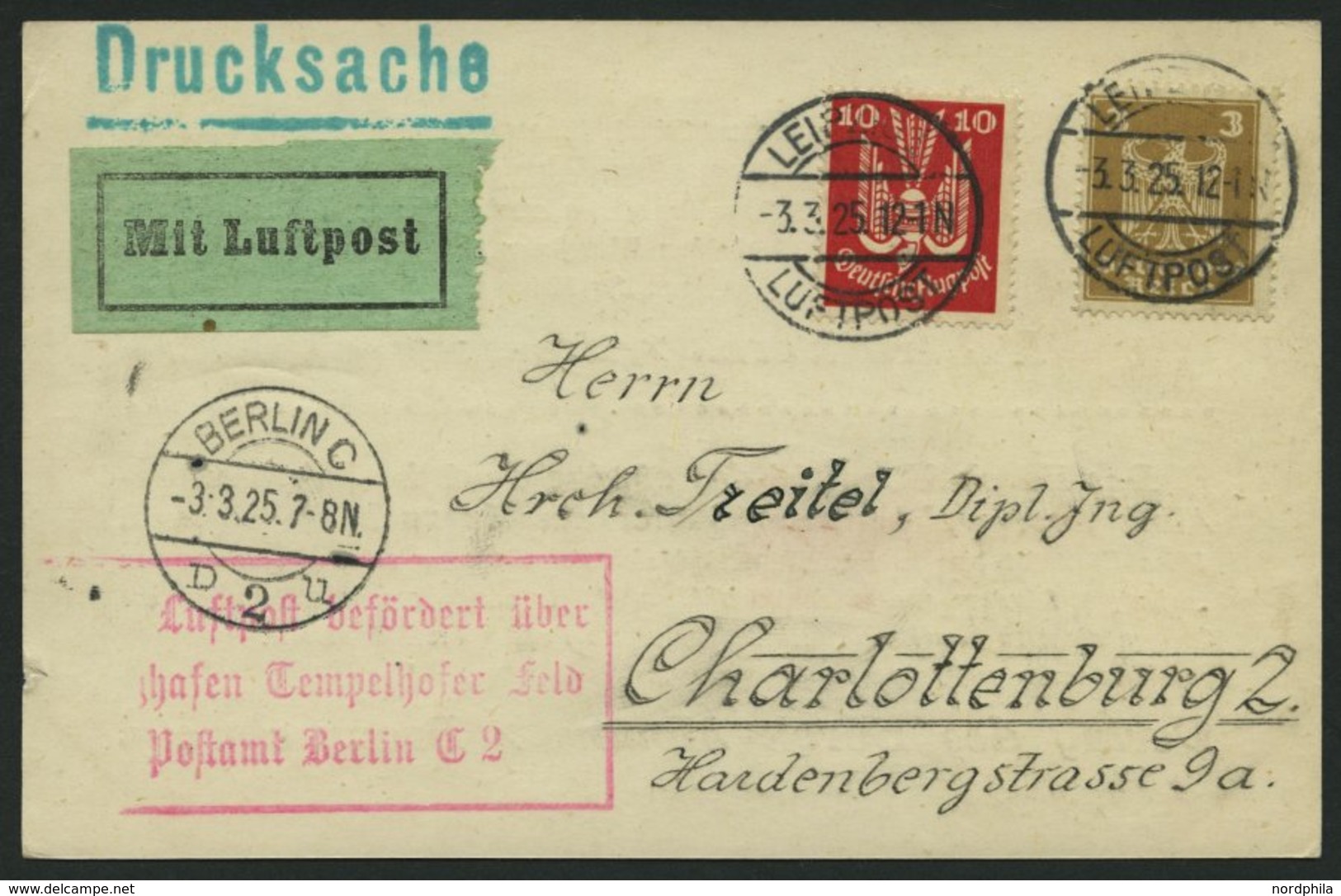 LUFTPOSTBESTÄTIGUNGSSTPL 9-02a BRIEF, BERLIN, Flughafen, R3 In Rot, Drucksache Von LEIPZIG Nach Charlottenburg, Prachtka - Luchtpost & Zeppelin