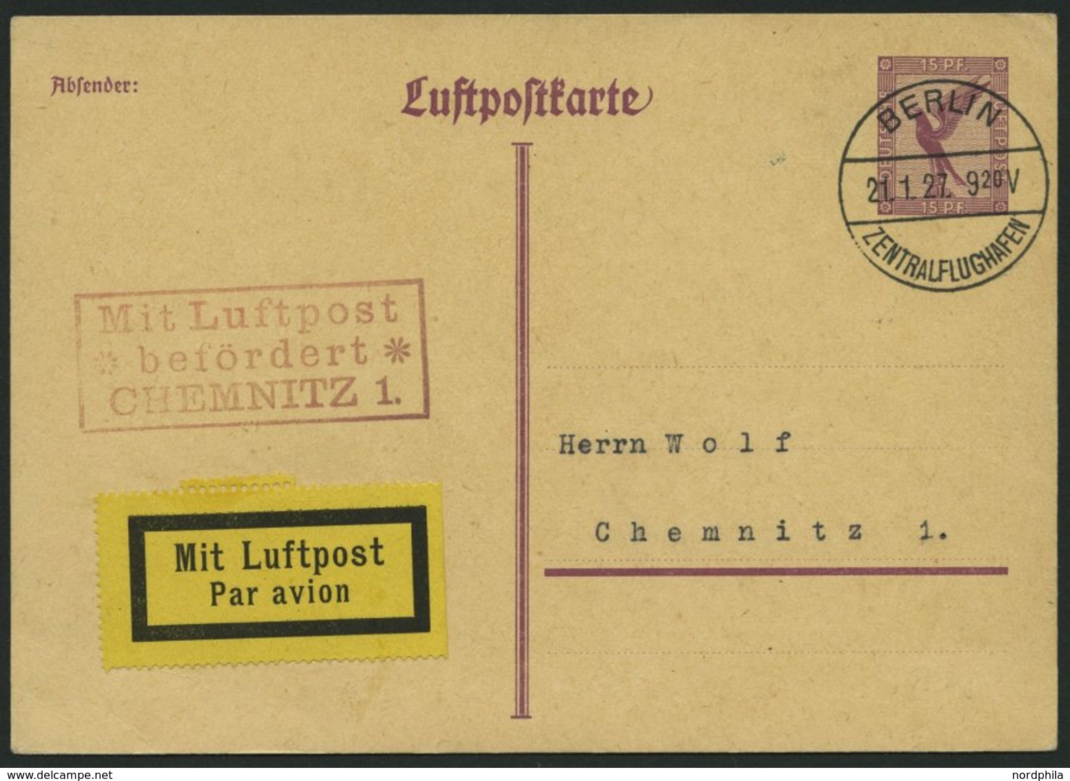 LUFTPOSTBESTÄTIGUNGSSTPL 18-01b BRIEF, CHEMNITZ In Rotviolett, Luftpostkarte Von BERLIN Nach Chemnitz, Pracht - Airmail & Zeppelin