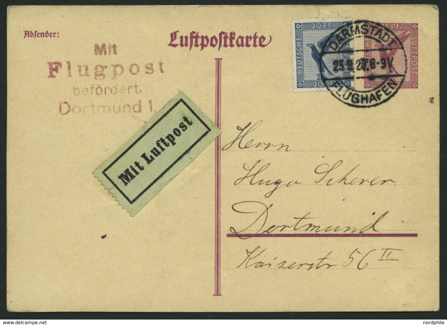 LUFTPOSTBESTÄTIGUNGSSTPL 26-01b BRIEF, DORTMUND, Flugpost, In Rotviolett, Luftpostkarte Von DARMSTADT Nach Dortmund, Pra - Posta Aerea & Zeppelin