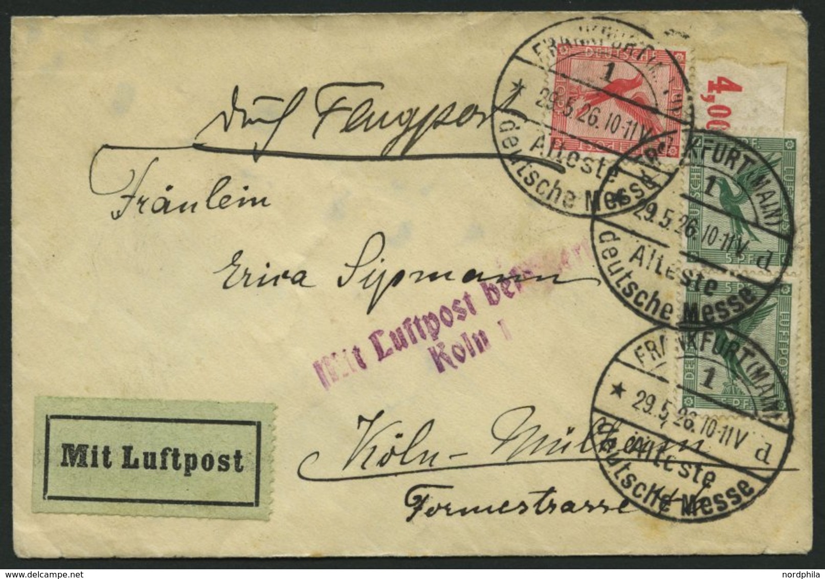 LUFTPOSTBESTÄTIGUNGSSTPL 63-02 BRIEF, KÖLN 1, L2, Brief Von FRANKFURT (MAIN) Nach Köln-Mülheim, Feinst (Öffnungsmängel) - Airmail & Zeppelin