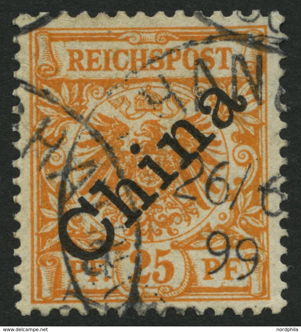 DP CHINA 5IaPFII O, 1898, 25 Pf. Gelblichorange Diagonaler Aufdruck Mit Plattenfehler I In Reichspost Oben Gespalten, Pr - China (kantoren)