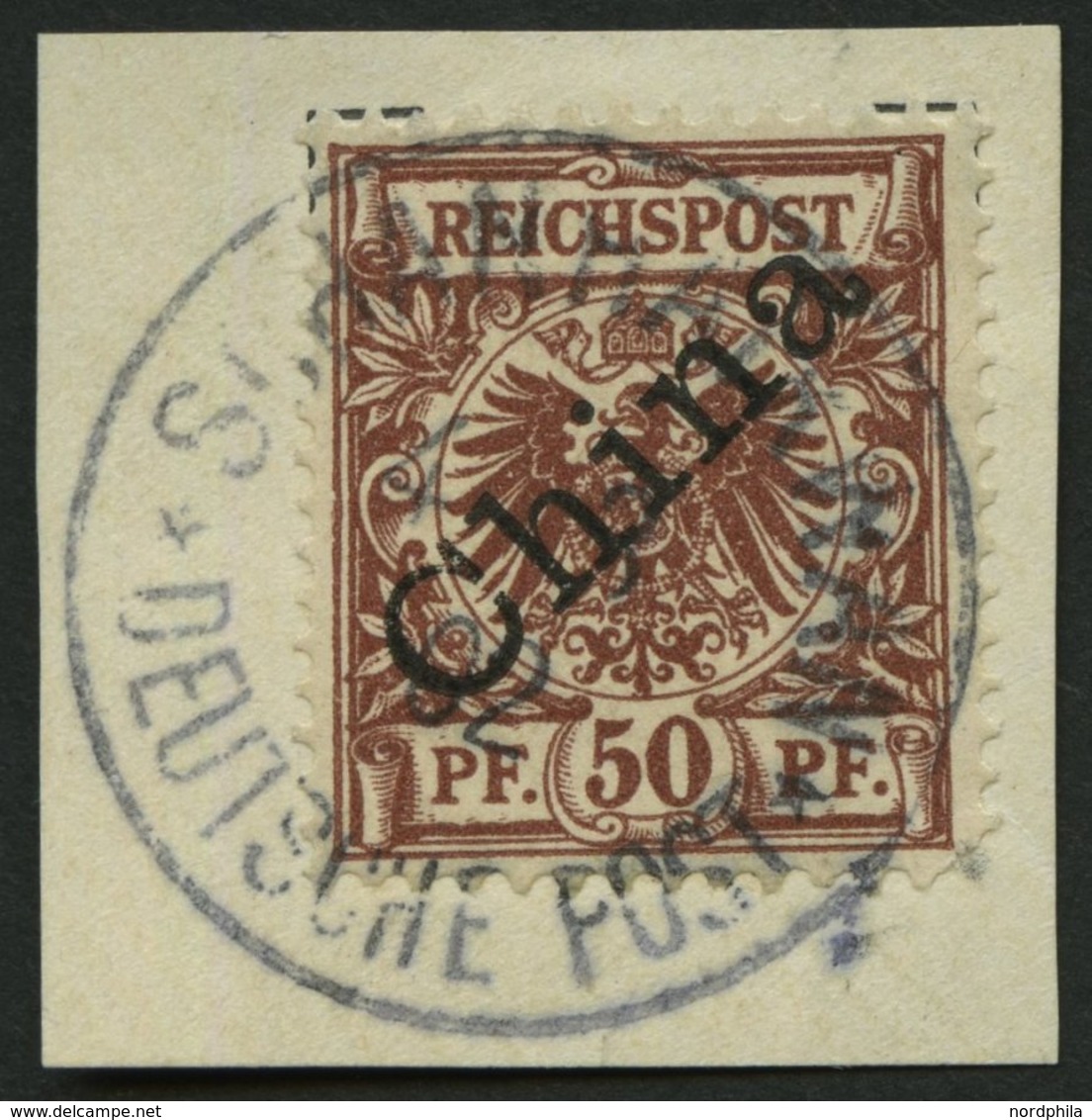 DP CHINA 6I BrfStk, 1898, 50 Pf. Diagonaler Aufdruck, Zentrischer Stempel SCHANGHAIKWAN, Kleiner Eckzahnfehler Sonst Pra - China (kantoren)