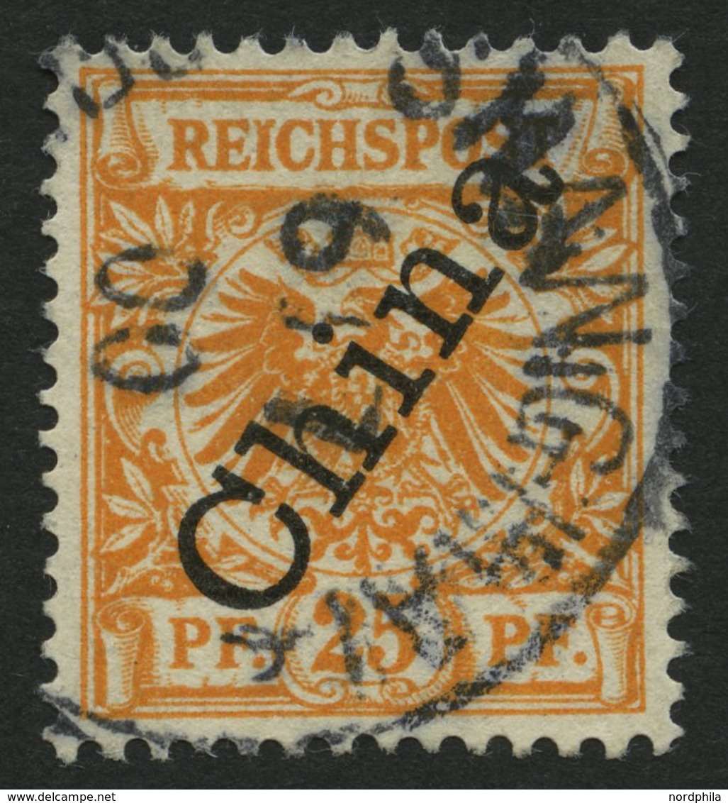 DP CHINA 5IIaPFII O, 1898, 25 Pf. Gelblichorange Steiler Aufdruck Mit Plattenfehler I In Reichspost Oben Gespalten, Klei - China (kantoren)