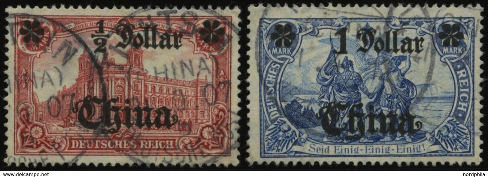 DP CHINA 44IA,45IAII O, 1906/7, 1/2 D. Auf 1 M. Und 1 D. Auf 2 M., Mit Wz., Friedensdruck, 2 Prachtwerte, Mi. 100.- - Cina (uffici)