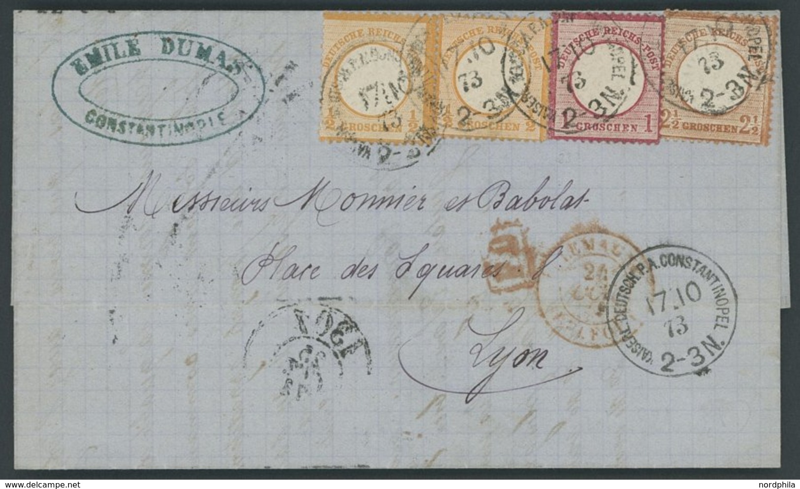 DP TÜRKEI V 18,19,21a BRIEF, 17.10.1873, 1/2 Gr. (2x Kleine Marke) Mit 1 Gr. Und 21/2 Gr. Großer Brustschild Auf Brief ü - Turkse Rijk (kantoren)