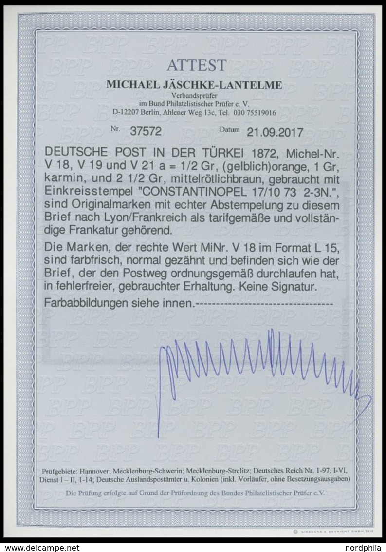 DP TÜRKEI V 18,19,21a BRIEF, 17.10.1873, 1/2 Gr. (2x Kleine Marke) Mit 1 Gr. Und 21/2 Gr. Großer Brustschild Auf Brief ü - Turkey (offices)