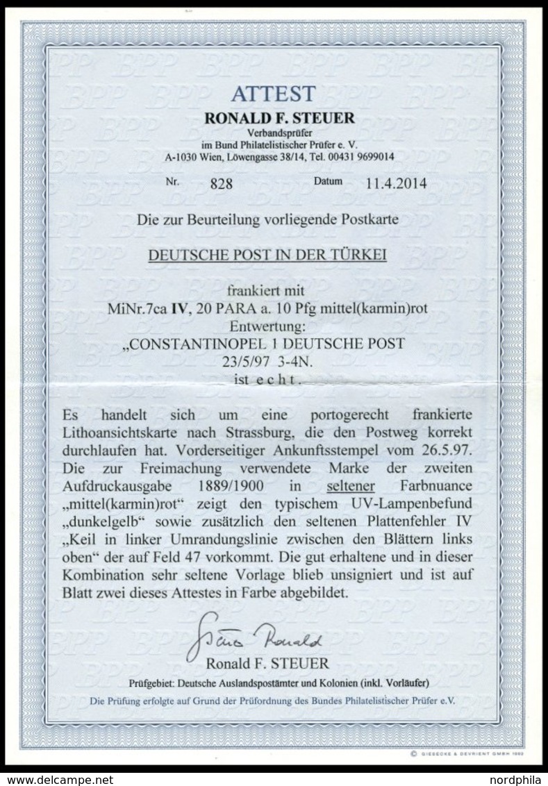 DP TÜRKEI 7caIV BRIEF, 1897, 20 PA Auf 10 Pf. Mittelrot, Dunkelgelb Quarzend, Mit Seltenem Plattenfehler Keil In Linker  - Turkse Rijk (kantoren)