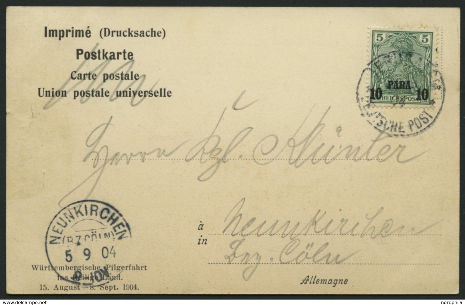 DP TÜRKEI 12II BRIEF, 1904, 10 PA. Auf 5 Pf., Aufdruck Type II, Auf Ansichtskarte Von JERUSALEM Nach Neunkirchen, Pracht - Turkse Rijk (kantoren)