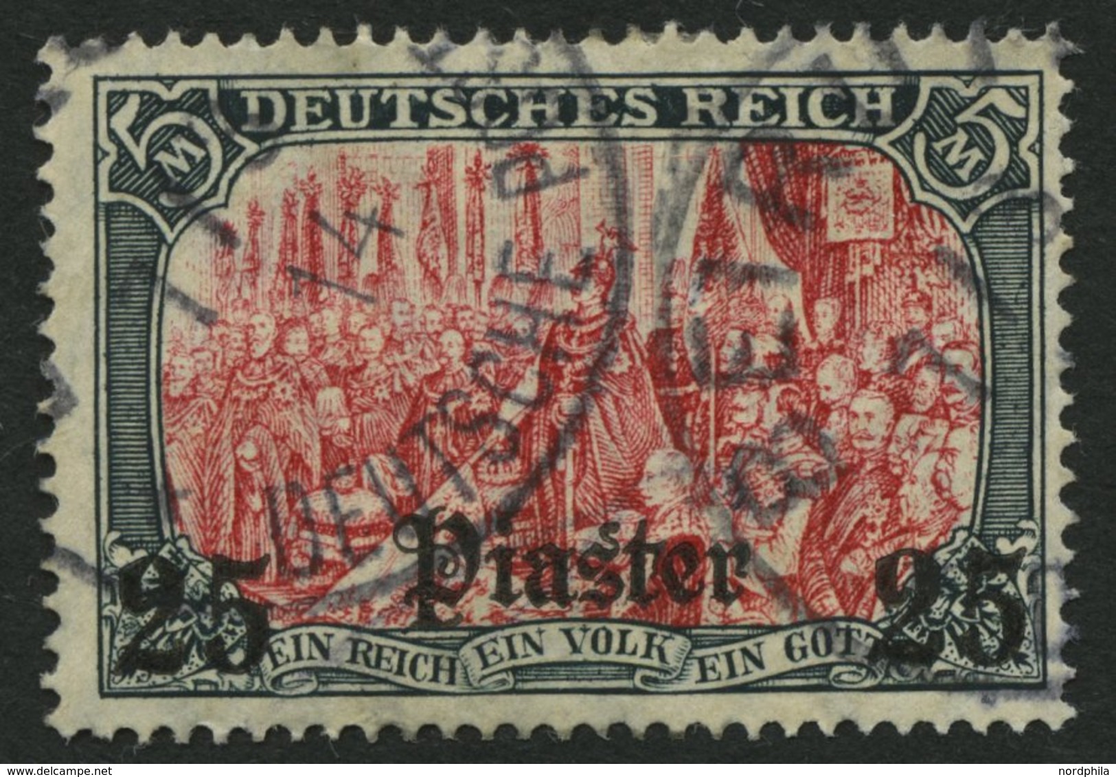 DP TÜRKEI 47a O, 1905, 25 Pia. Auf 5 M., Mit Wz., Gelblichrot Quarzend, Pracht, Mi. 120.- - Turkey (offices)