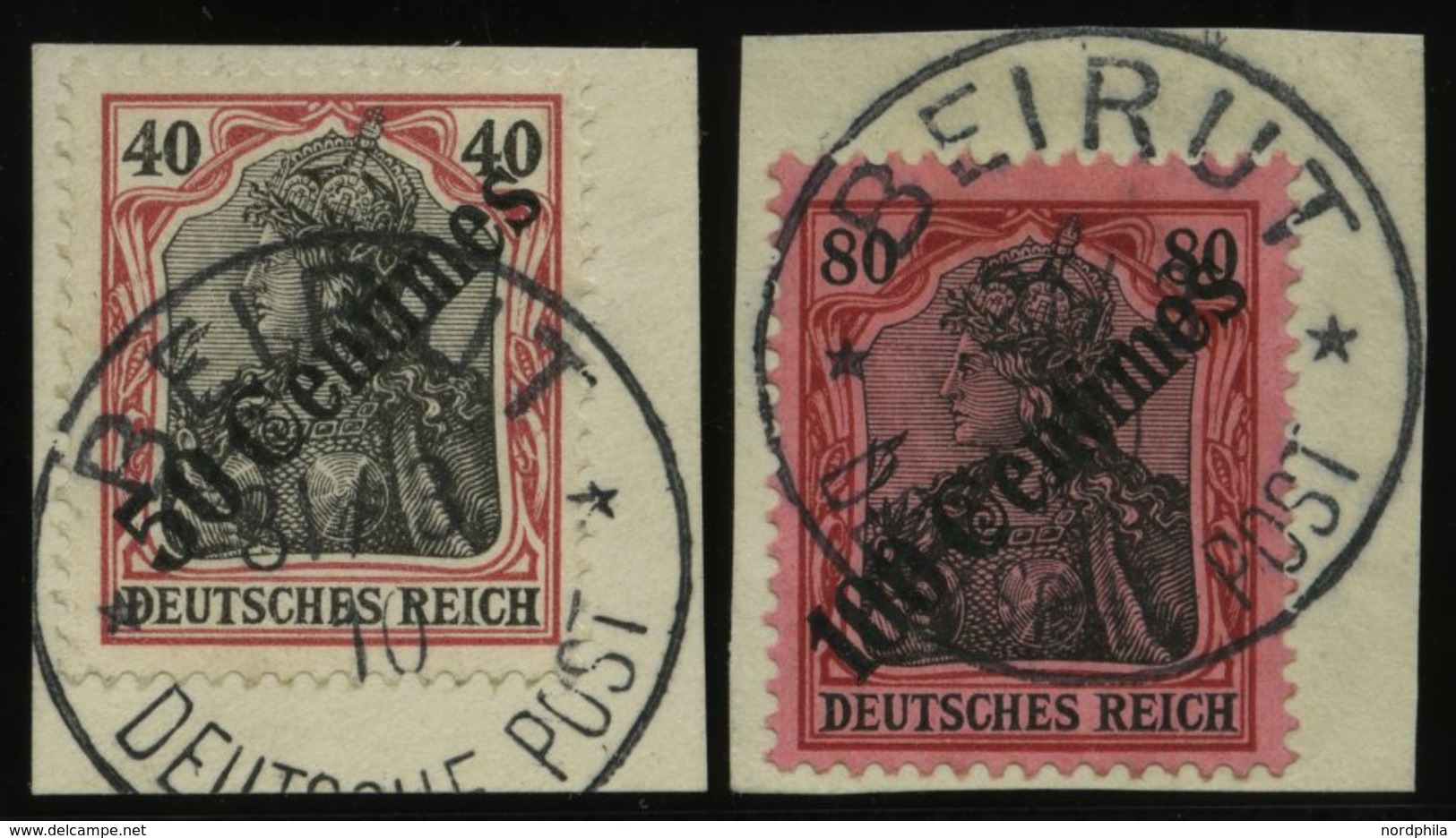 DP TÜRKEI 51/2 BrfStk, 1908, 50 C. Auf 40 Pf.und 100 C. Auf 80 Pf. Diagonaler Aufdruck, 2 Prachtbriefstücke, Mi. (155.-) - Turkse Rijk (kantoren)