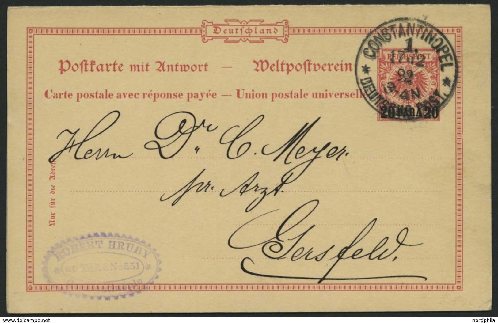 DP TÜRKEI P 2 BRIEF, 1892, 20 PARA Auf 10 Pf., Frageteil, Stempel CONSTANTINOPEL 1 **, Prachtkarte Nach Gersfeld - Turkse Rijk (kantoren)