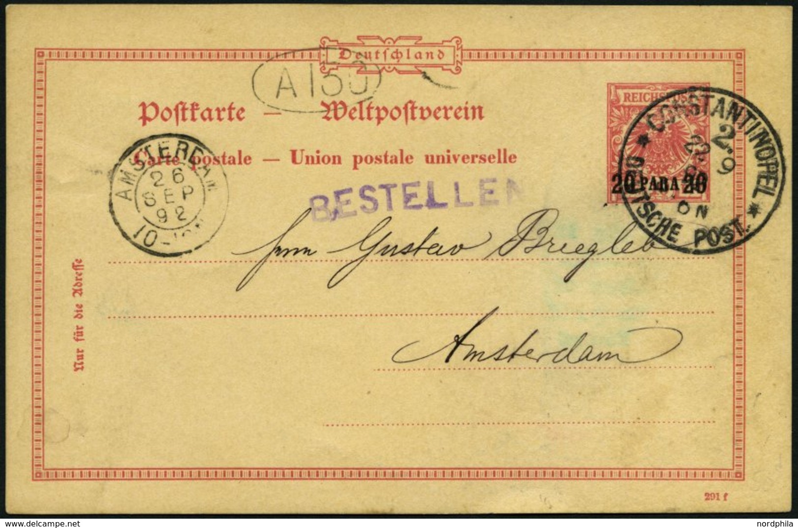 DP TÜRKEI P 3 BRIEF, 1892, 20 PARA Auf 10 Pf., Stempel CONSTANTINOPEL 2, Prachtkarte Nach Amsterdam - Turkse Rijk (kantoren)