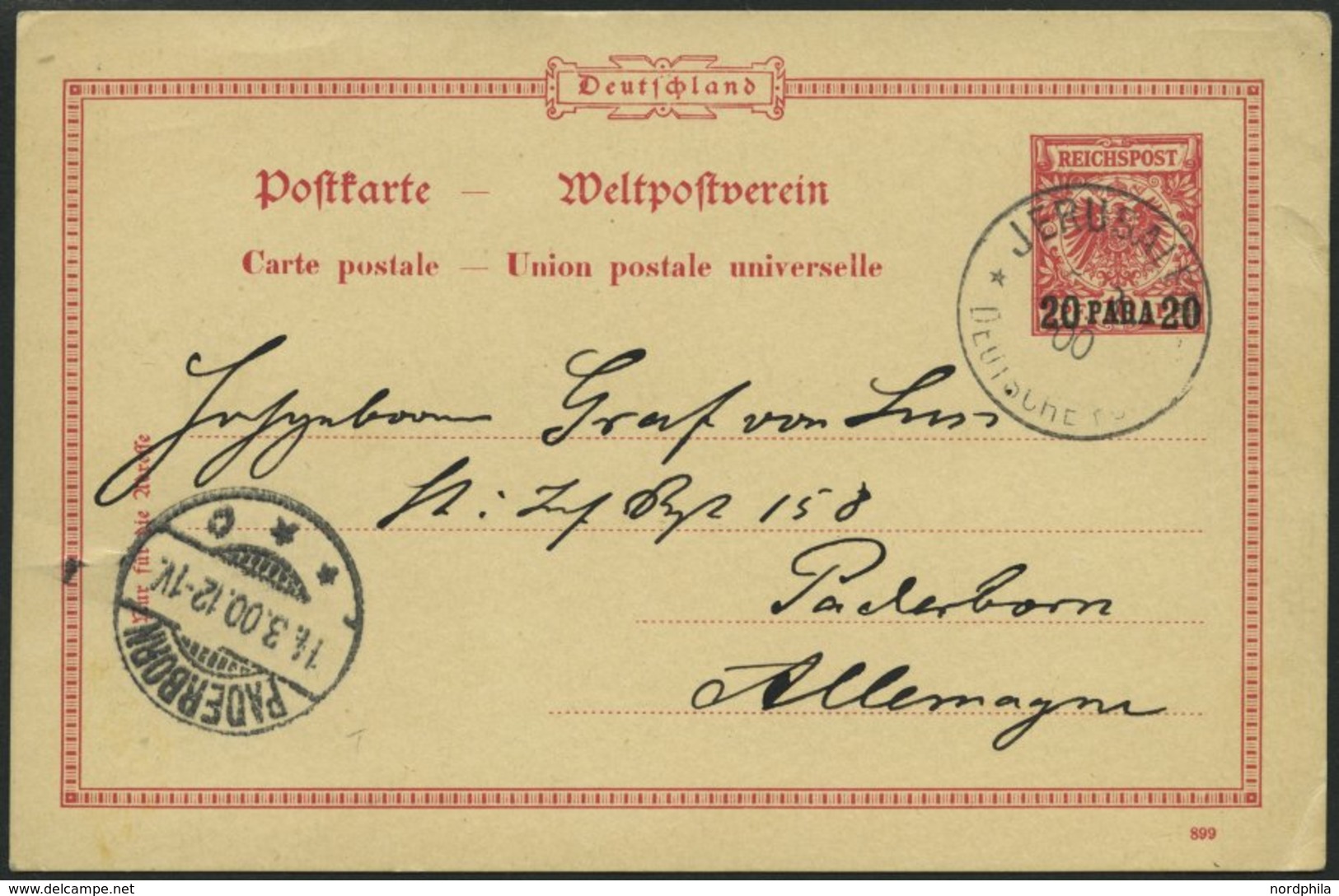 DP TÜRKEI P 5 BRIEF, 1900, 20 PA. Auf 10 Pf. Rosa Mit Unbeschädigtem Stempel JERUSALEM 5.3.00 Nach Deutschland, Pracht - Turkse Rijk (kantoren)