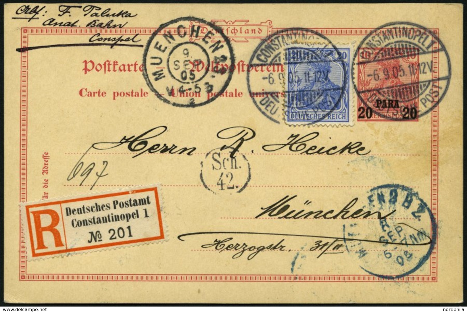 DP TÜRKEI P 7 BRIEF, 1905, 20 PARA Auf 10 Pf. Reichspost Auf Einschreibkarte Von CONSTANTINOPEL Nach München, Pracht - Turkse Rijk (kantoren)