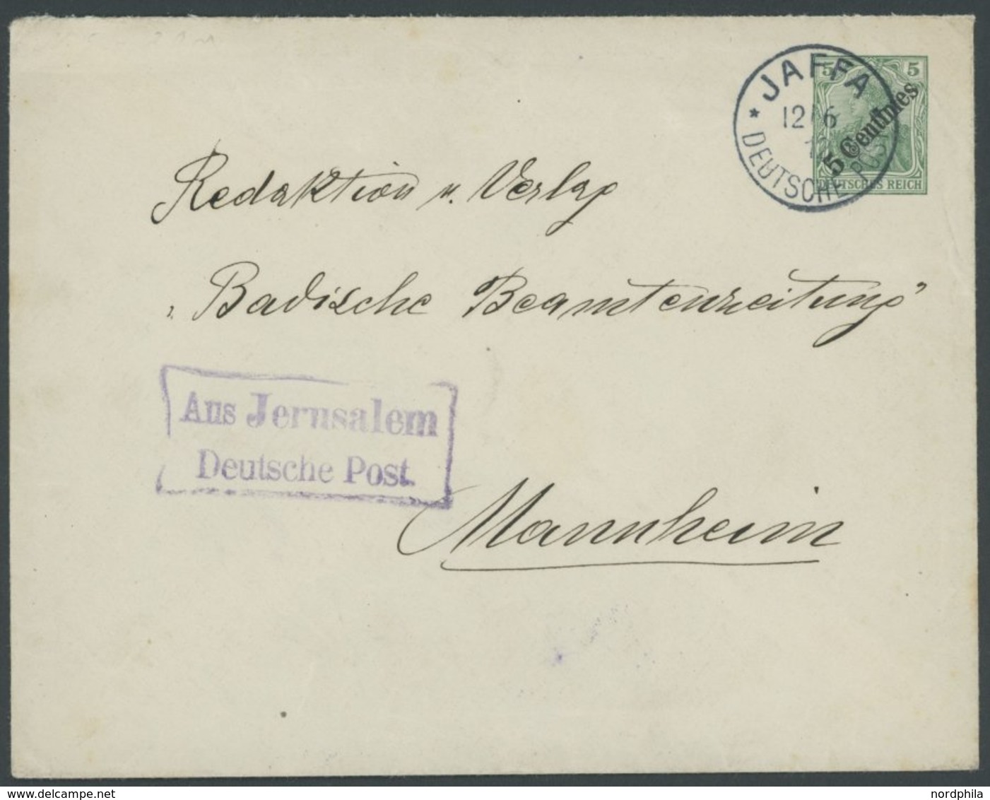 DP TÜRKEI U 5 BRIEF, 1910, 5 C. Auf 5 Pf. Diagonaler Aufdruck Von JAFFA Nach Mannheim, Mit Violettem R2 Aus Jerusalem De - Turchia (uffici)