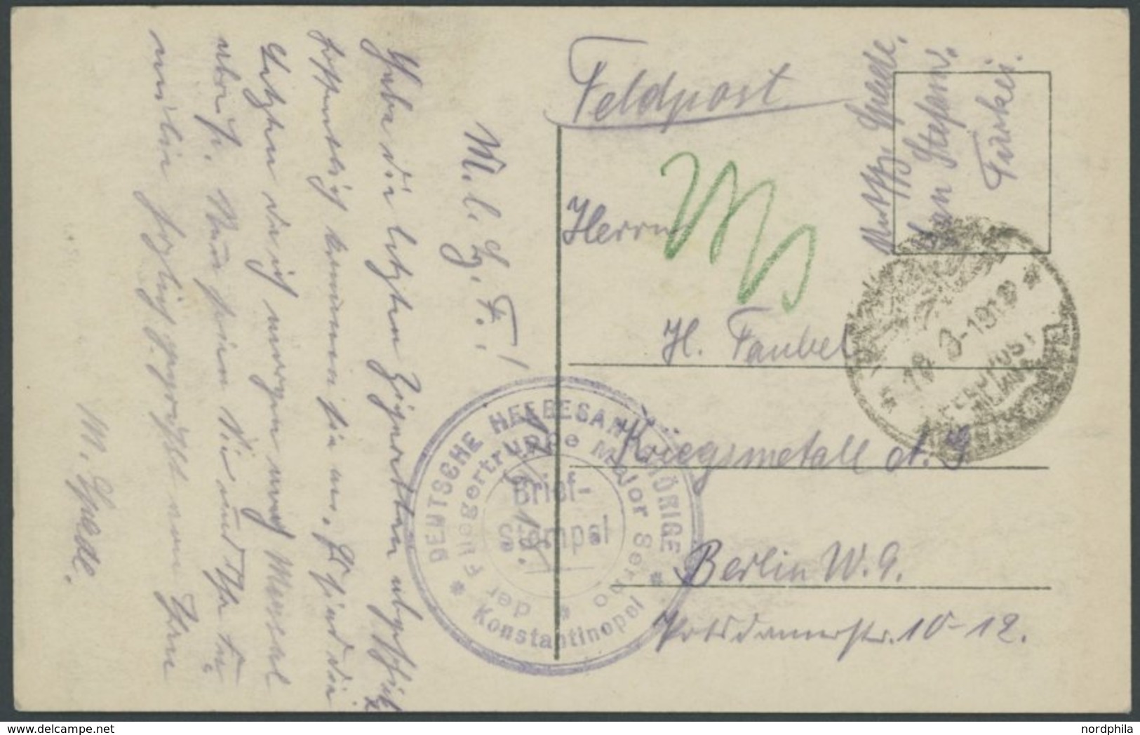 DP TÜRKEI 1916, Feldpost Mil. Miss. KONSTANTINOPEL Und Blauer Briefstempel Deutsche Heeresangehörige Der Fliegertruppe M - Turkey (offices)