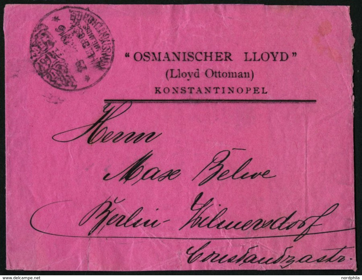 DP TÜRKEI 1916, Feldpost Mil. Miss. KONSTANTINOPEL Auf Violetten Streifband Osmanischer Lloyd, Pracht - Turchia (uffici)