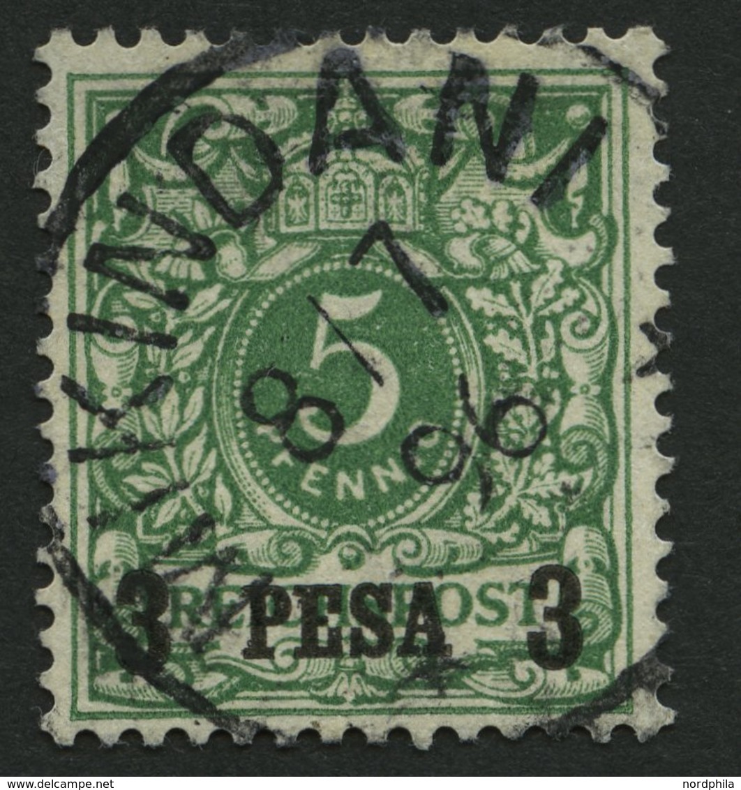 DEUTSCH-OSTAFRIKA 2I O, 1893, 3 P. Auf 5 Pf. Opalgrün, Stempel MIKINDANI, Pracht, Gepr. Pauligk, Mi. (60.-) - German East Africa
