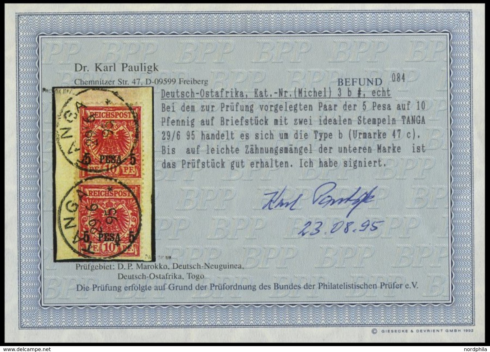 DEUTSCH-OSTAFRIKA 3b Paar BrfStk, 1895, 5 P. Auf 10 Pf. Mittelrot Im Senkrechten Paar Auf Briefstück, Stempel TANGA, Unt - Duits-Oost-Afrika