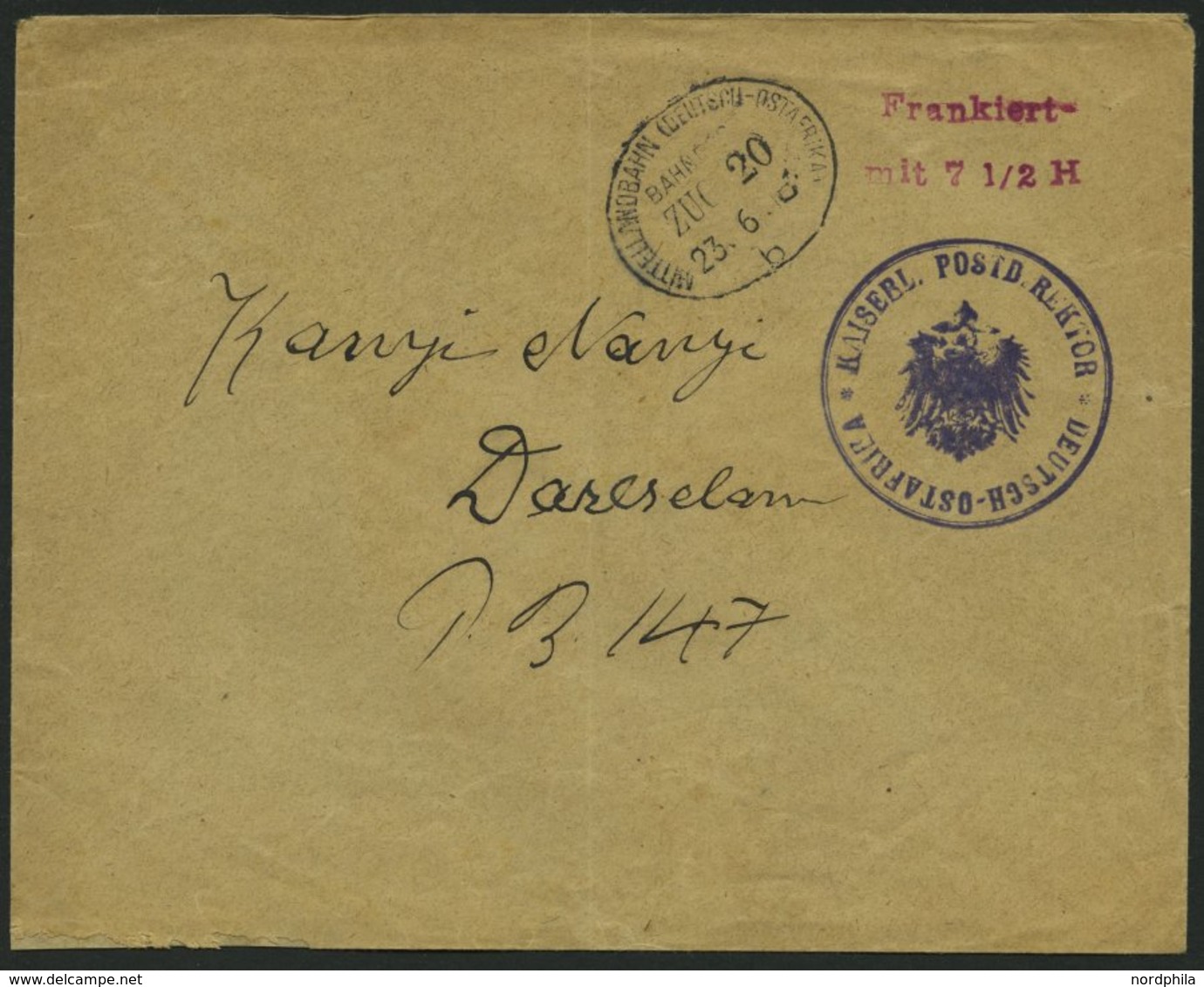 DEUTSCH-OSTAFRIKA Brief , 1916, Vorausentwertung MOROGORO, Roter Frankostempel, Nebenstempel MITTELLANDBAHN ZUG 20b, 23. - German East Africa