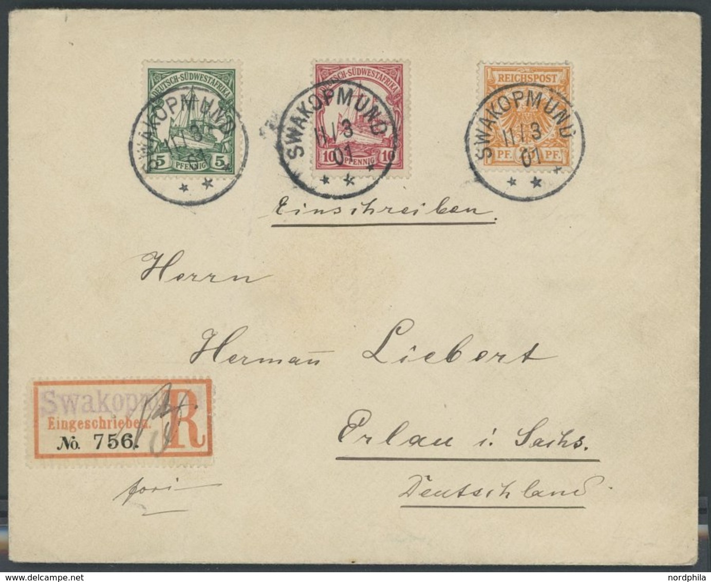 DSWA M 49b,12/3 BRIEF, 1901, Mitläufer: 25 Pf. Gelblichorange In Mischfrankatur Mit 5 Und 10 Pf. Schiffstype Auf Portoge - German South West Africa