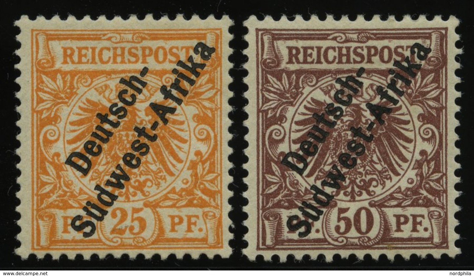 DSWA Ia,II *, 1897, 25 Pf. Gelblichorange Und 50 Pf. Lebhaftrötlichbraun, Falzrest, 2 Prachtwerte, Mi. 560.- - Africa Tedesca Del Sud-Ovest