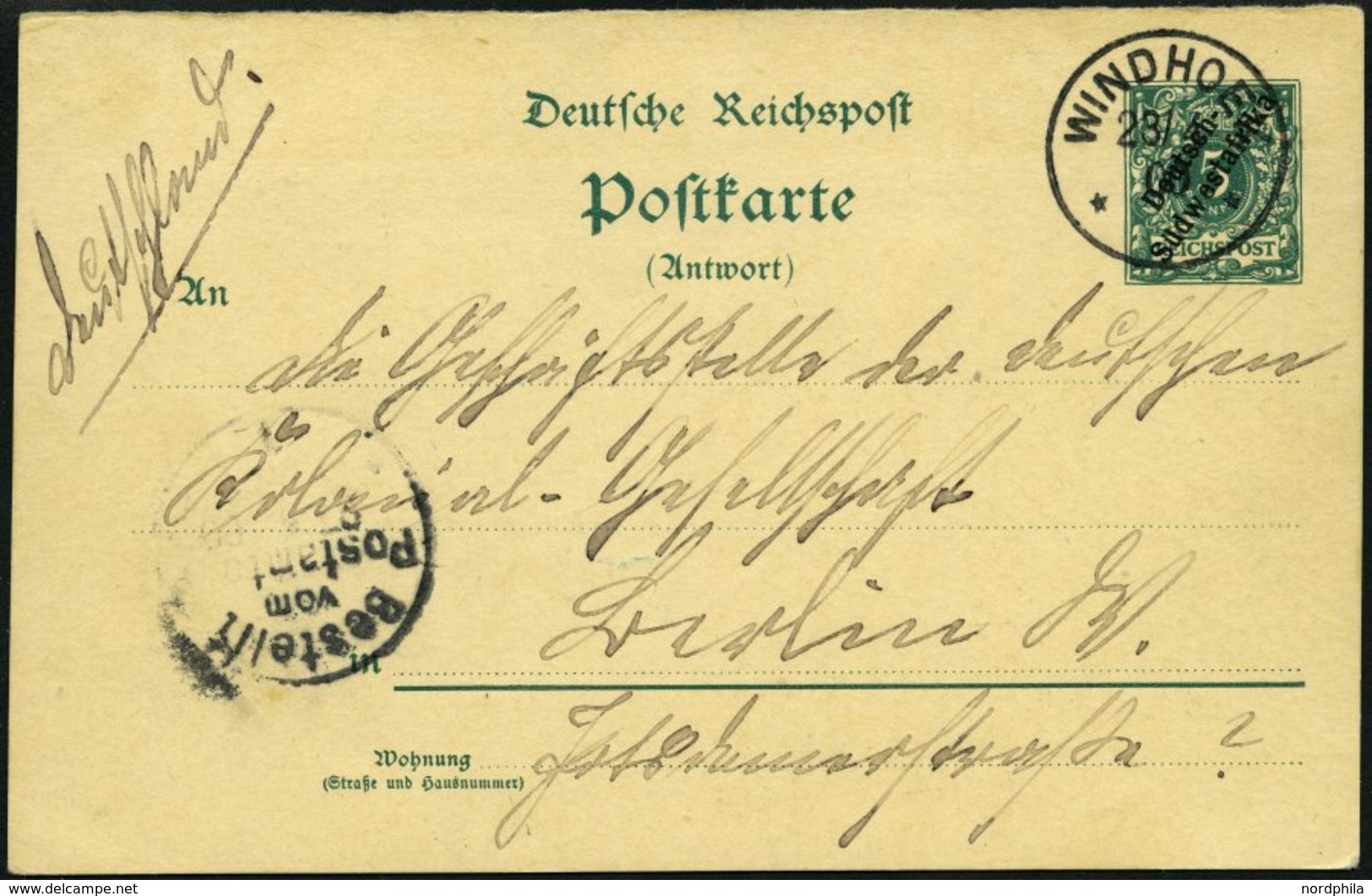 DSWA P 11A BRIEF, 1900, 5 Pf. Antwortteil Von WINDHOEK Von Oblt. Fritsche In Omaruru Nach Berlin, Pracht - Duits-Zuidwest-Afrika