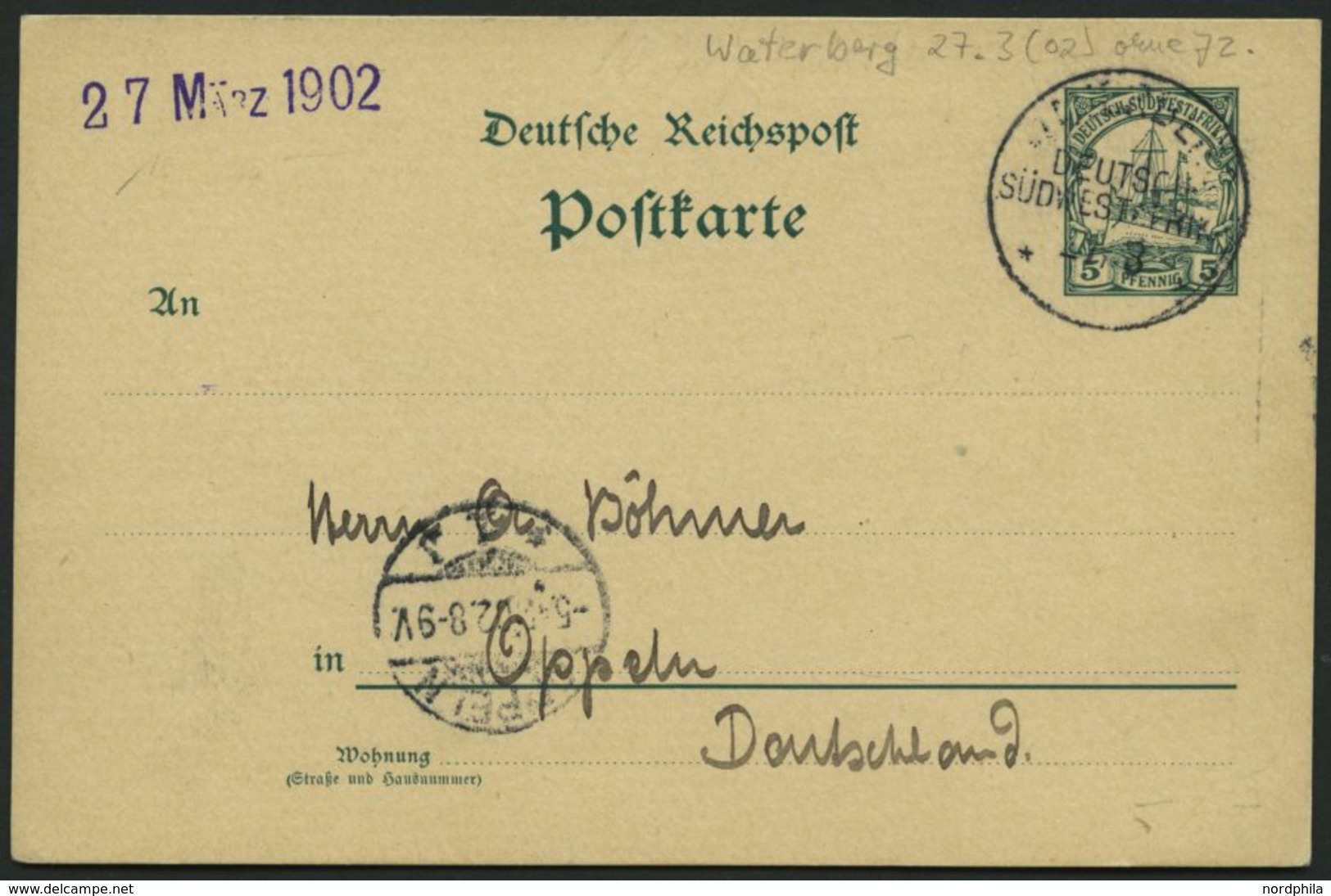 DSWA P 13 BRIEF, 1902, 5 Pf. Grün Mit Stempel WATERBERG, 27.3. (ohne Jahreszahl 1902), Prachtkarte Nach Oppeln - German South West Africa